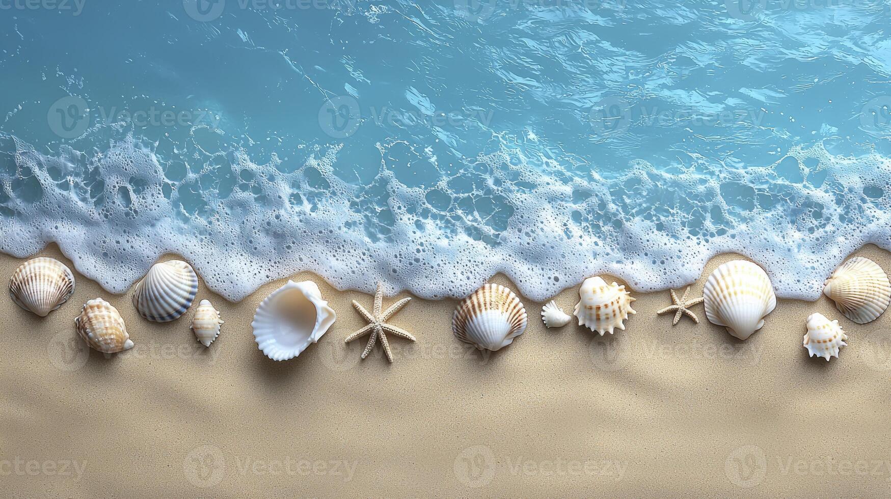 Sea shells on the beach with waves and waves photo