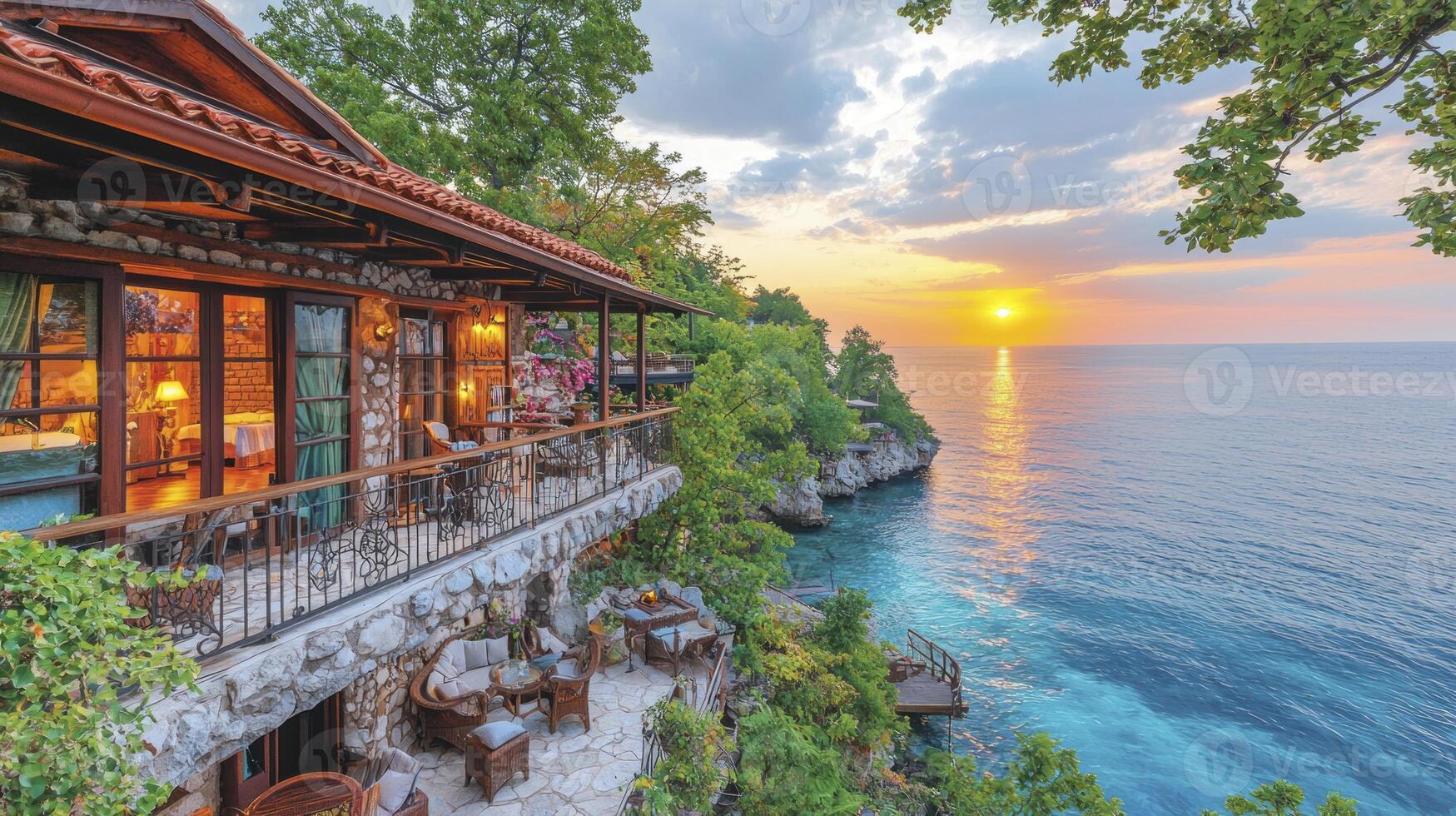 The view from the balcony of a house overlooking the ocean photo