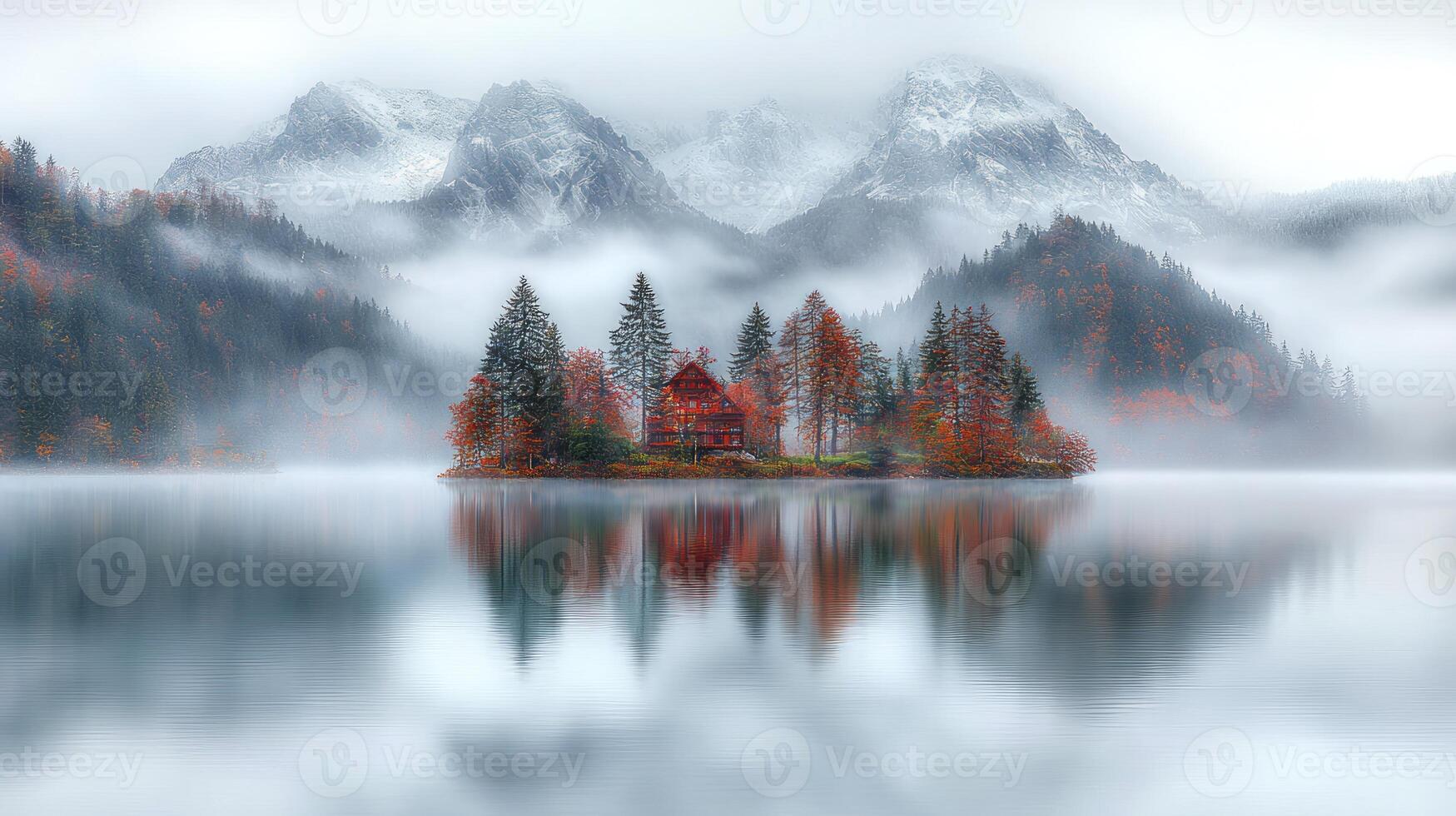 A small island with a house in the middle of a lake photo