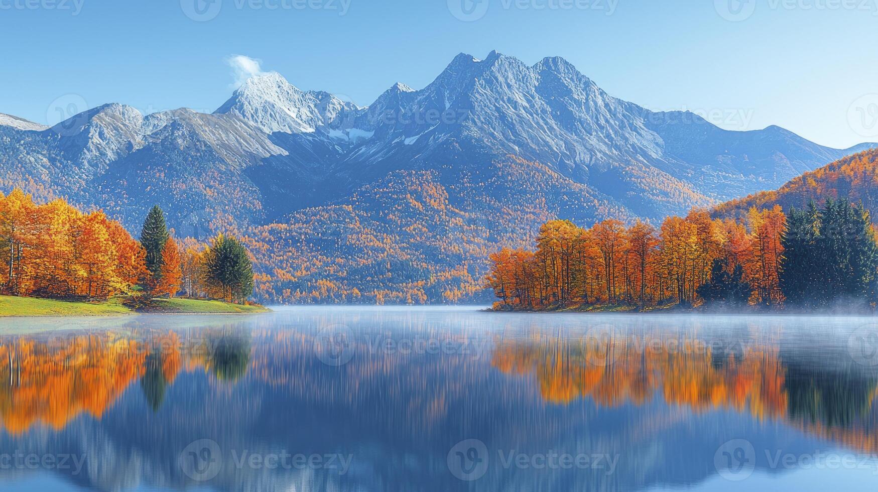 Autumn landscape with mountains and trees reflected in a lake photo