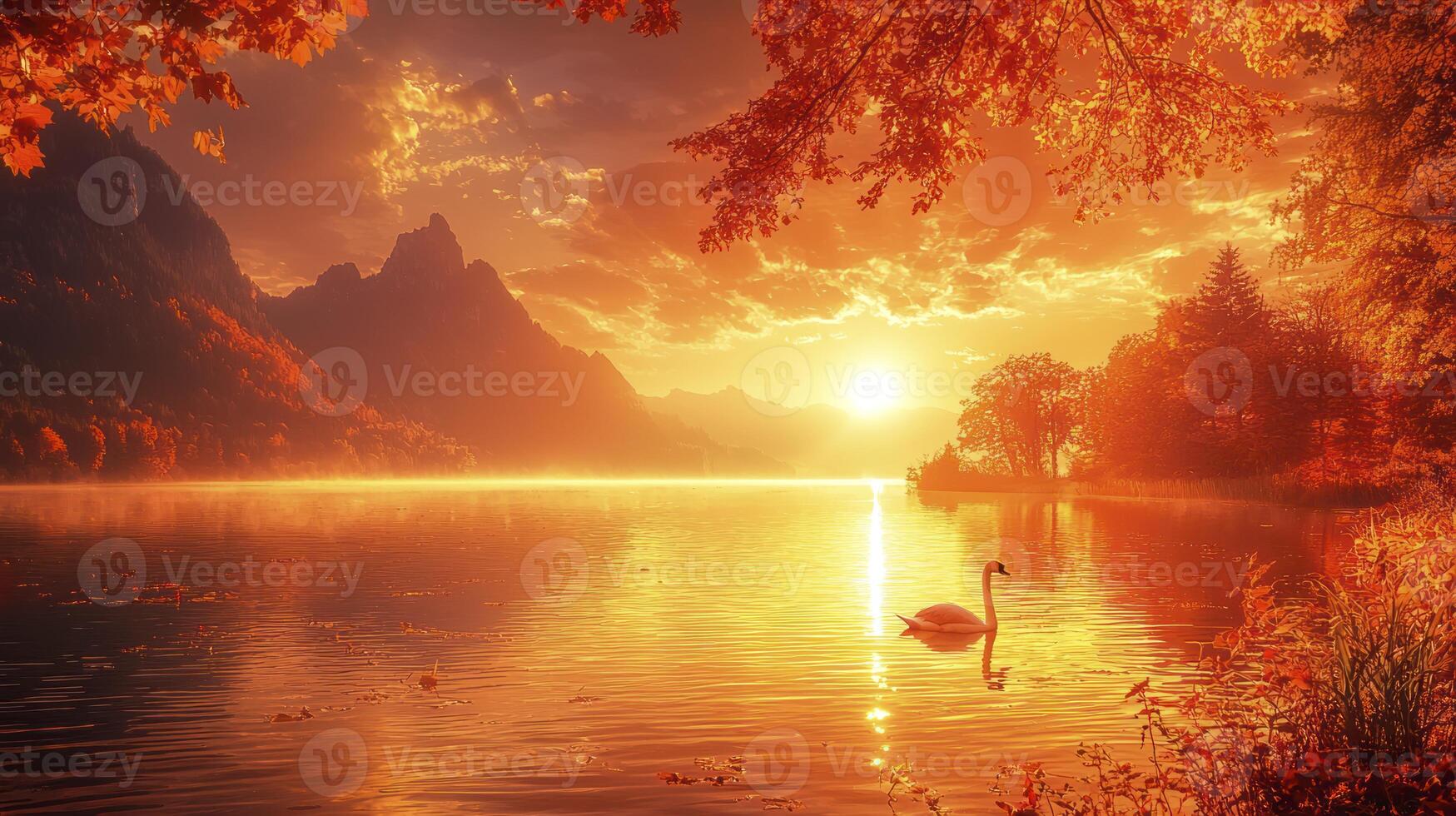 A beautiful sunset over a lake with a swan photo
