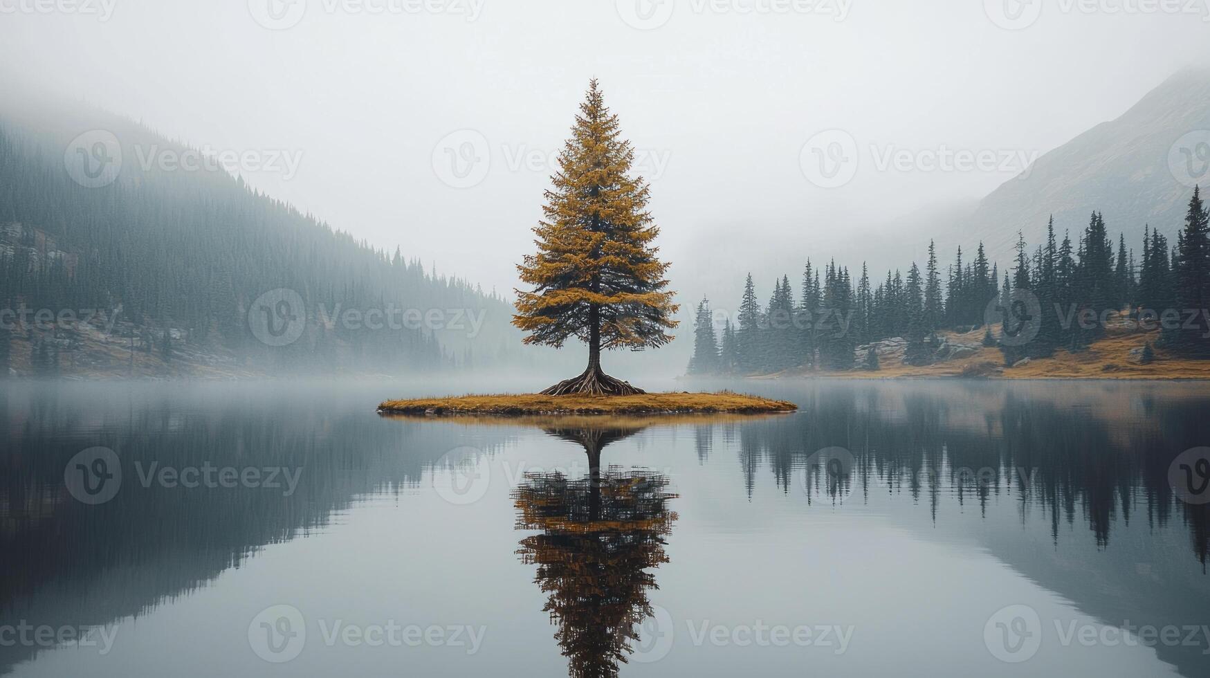 A lone tree is reflected in a lake photo