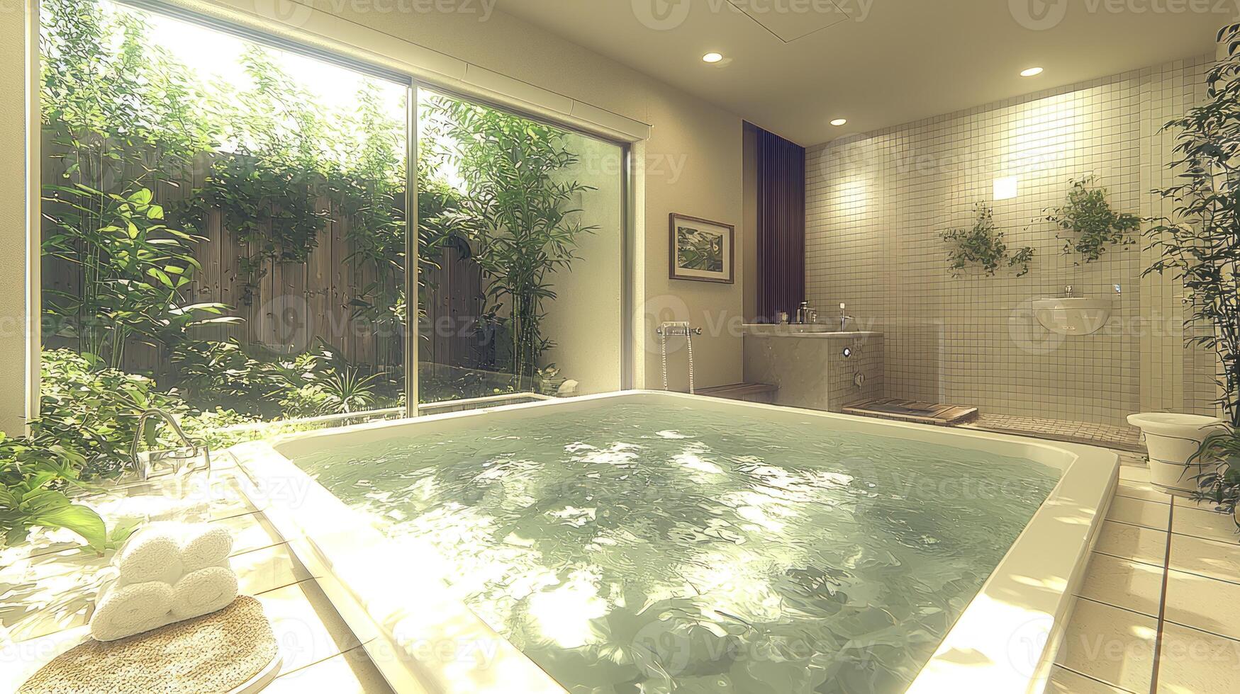 A bathroom with a large tub and a window photo