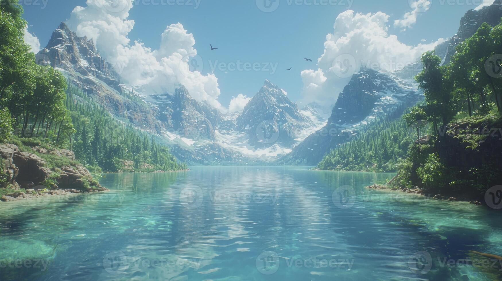 A lake surrounded by mountains and trees photo