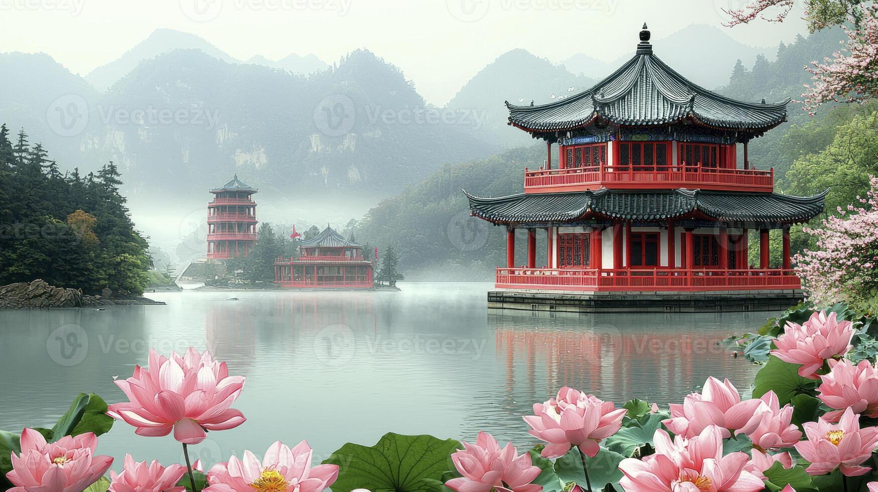 A chinese pagoda sits on the water surrounded by pink flowers photo