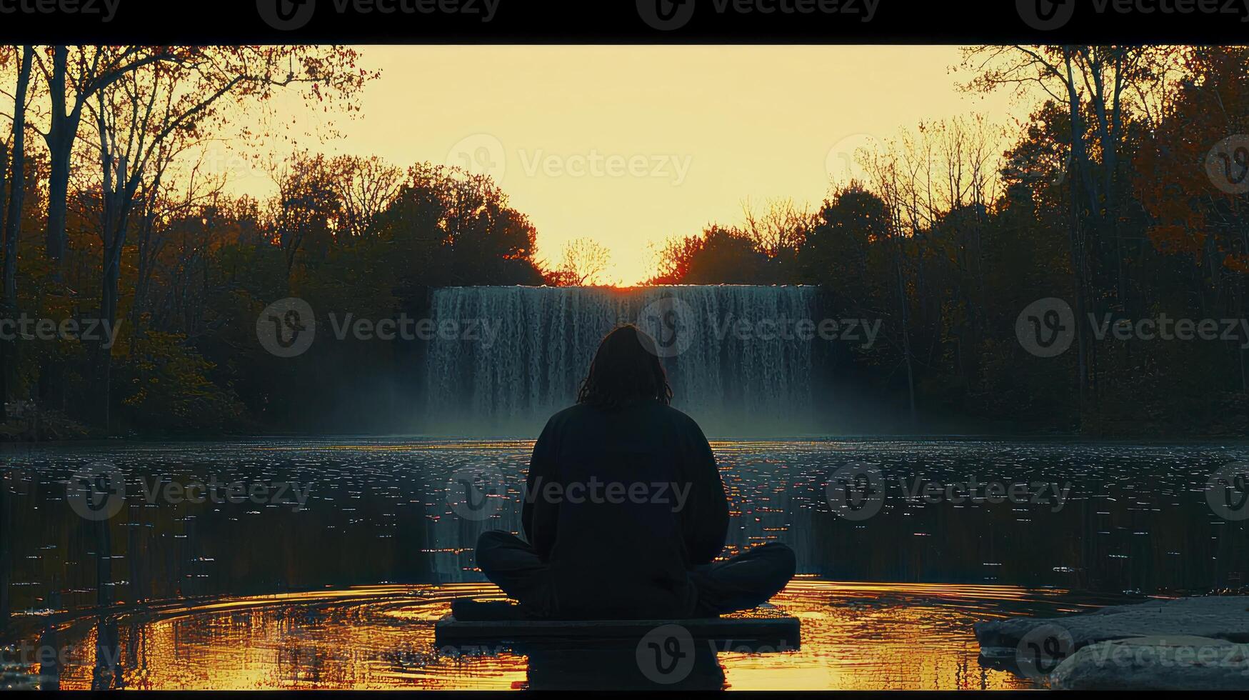 A person sitting in a lotus position in front of a waterfall photo