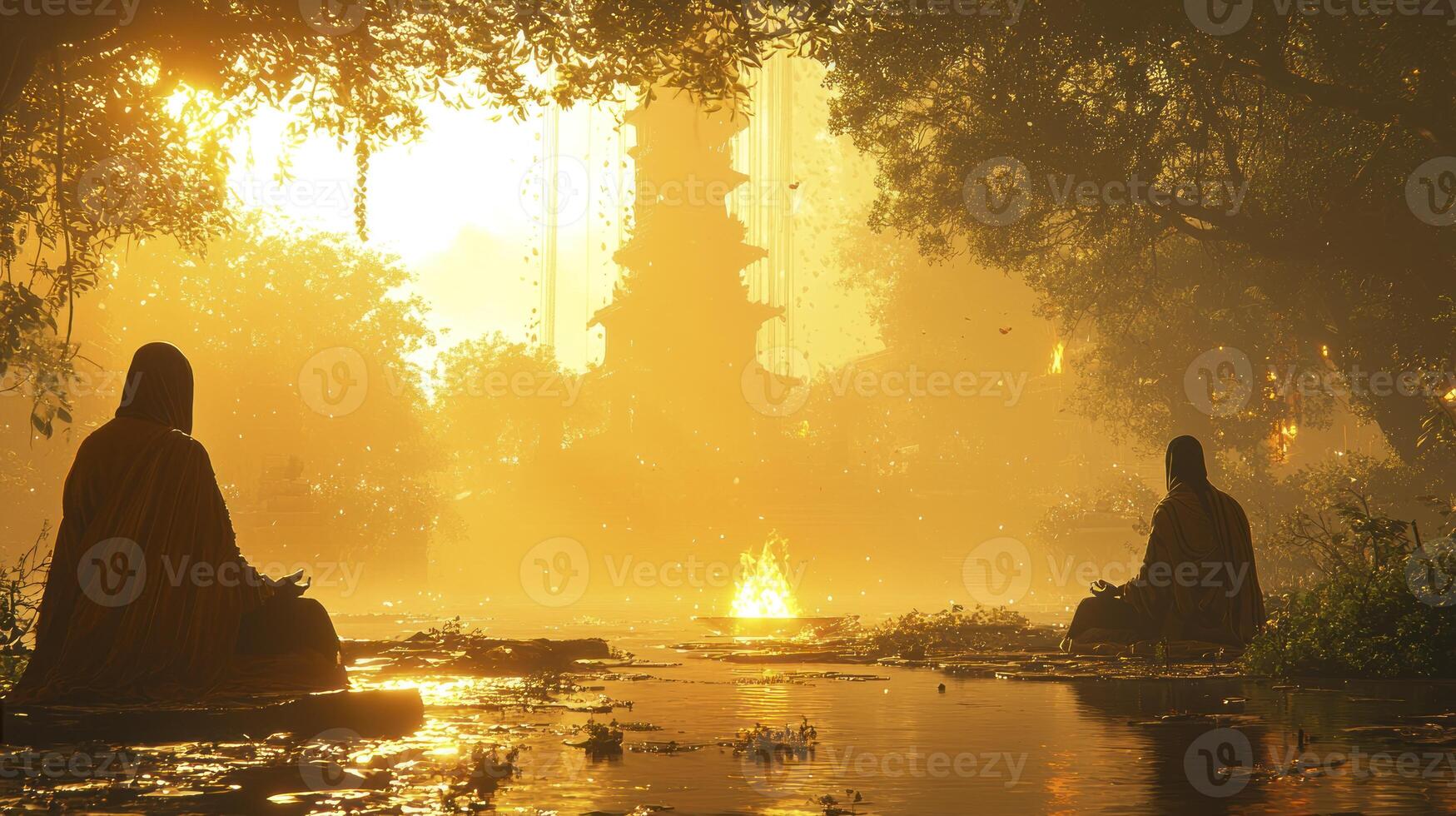 Two people sitting in the water with a fire in the background photo