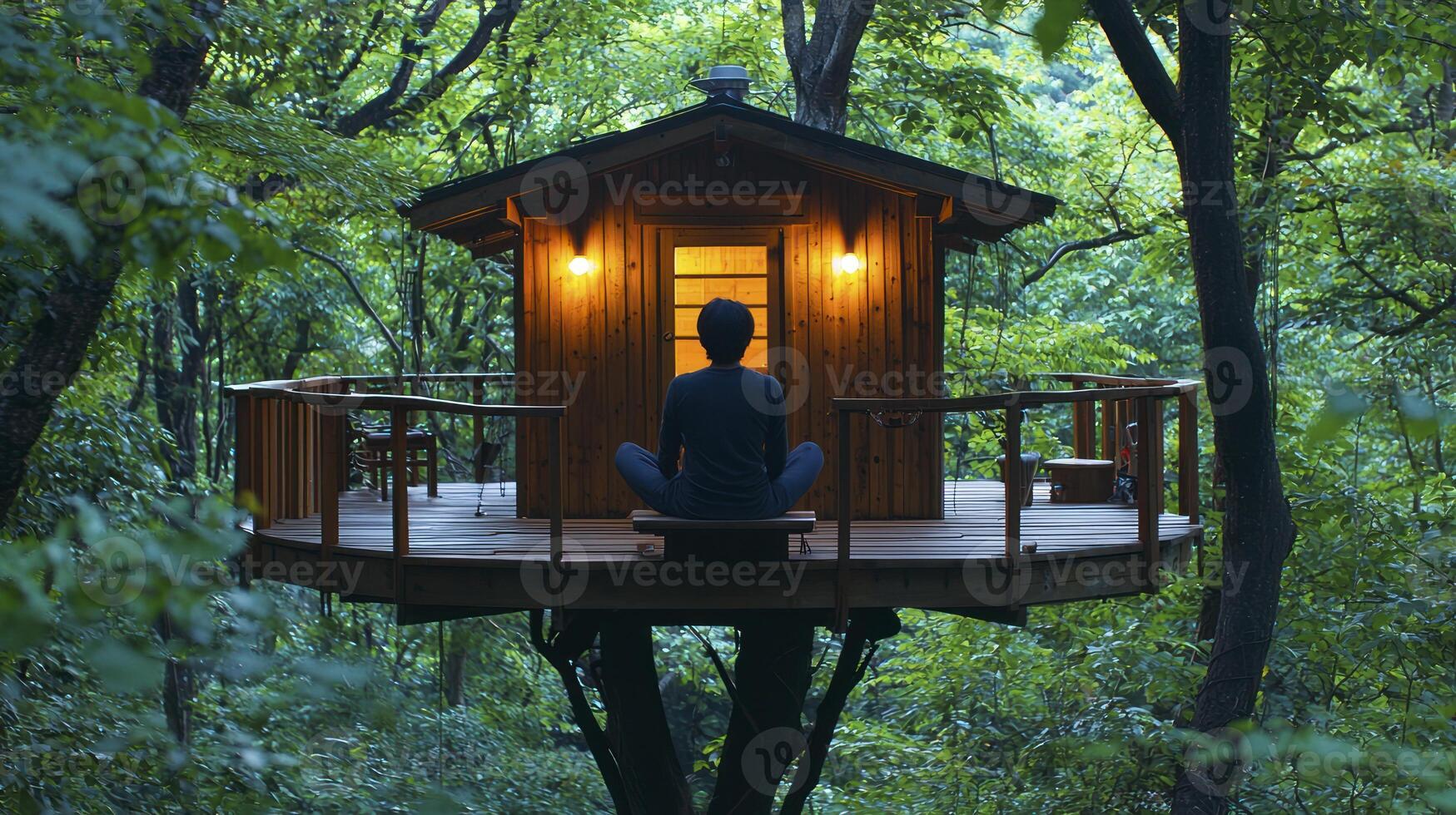 A man sitting in a tree house in the woods photo