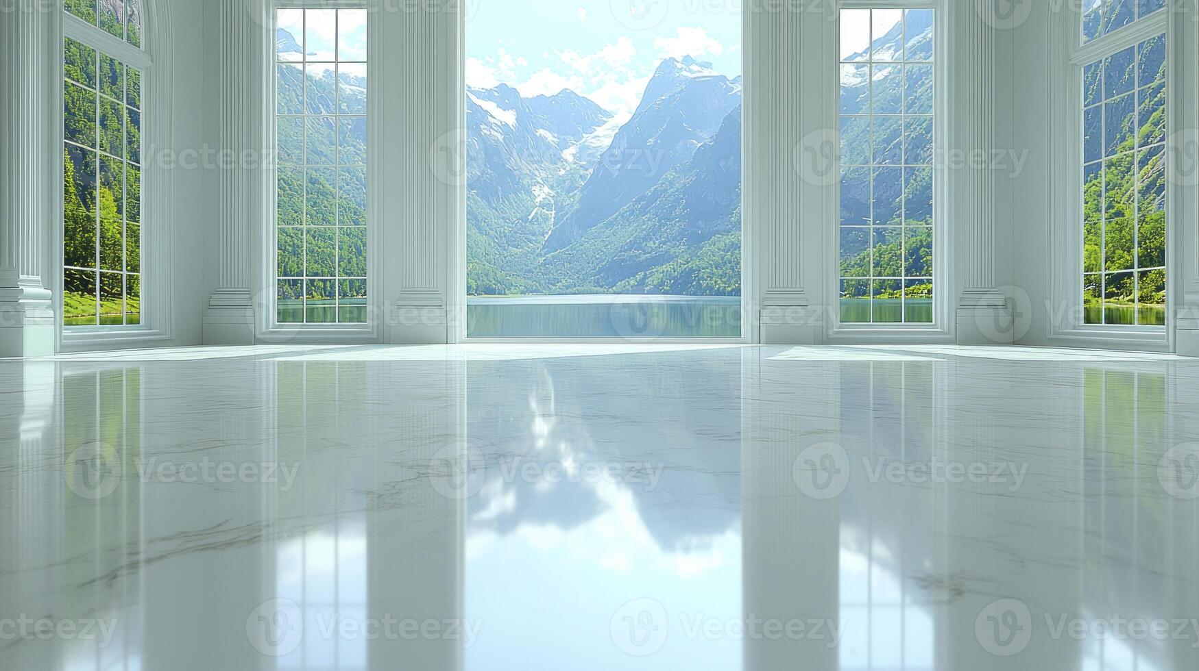 A room with windows looking out on a lake and mountains photo