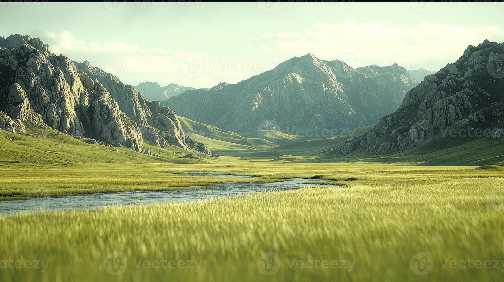 A grassy field with a river running through it photo
