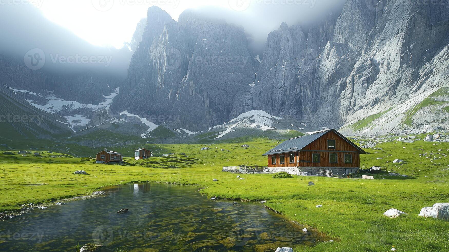 A small house sitting on a hillside next to a lake photo