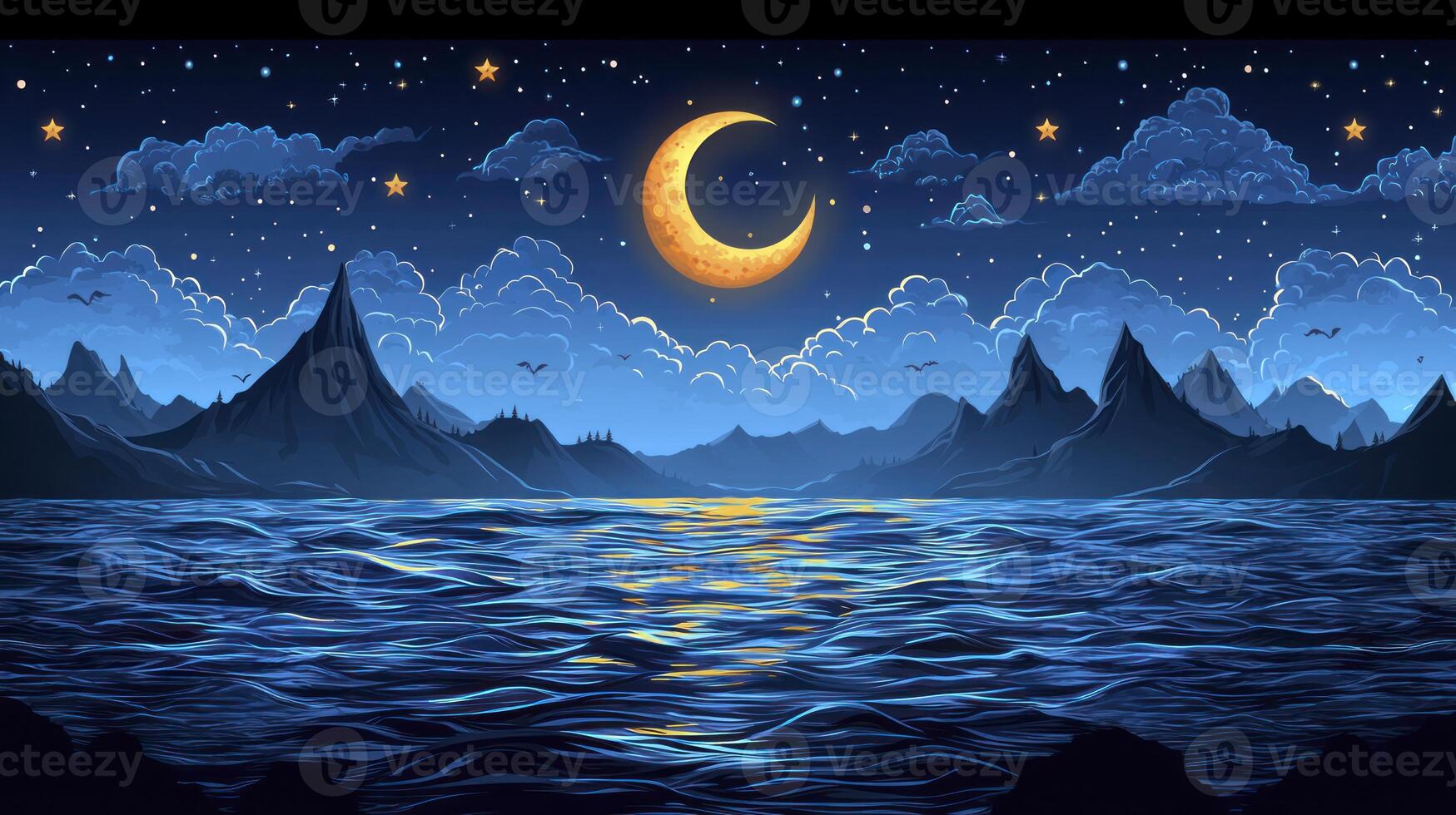 A night sky with a crescent moon and stars over the ocean photo