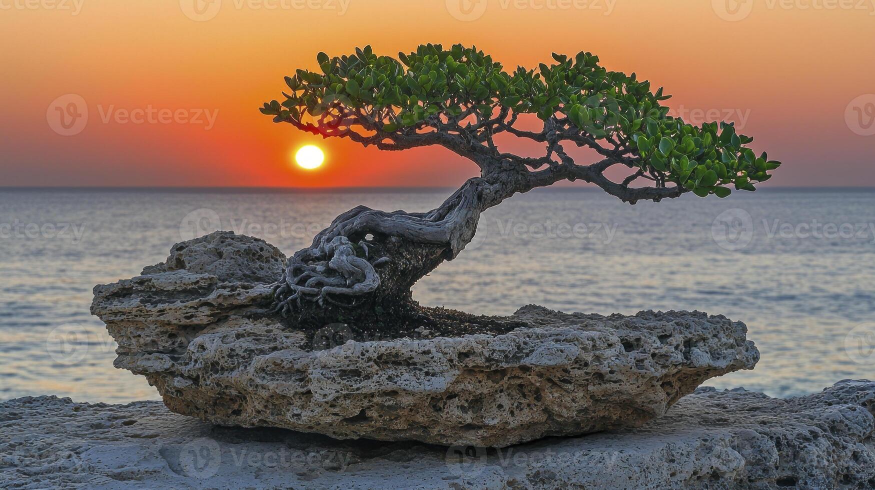 A bonsai tree on a rock in front of the ocean at sunset photo