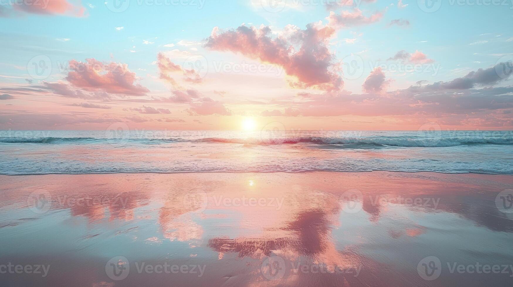 A sunset on a beach with pink clouds photo
