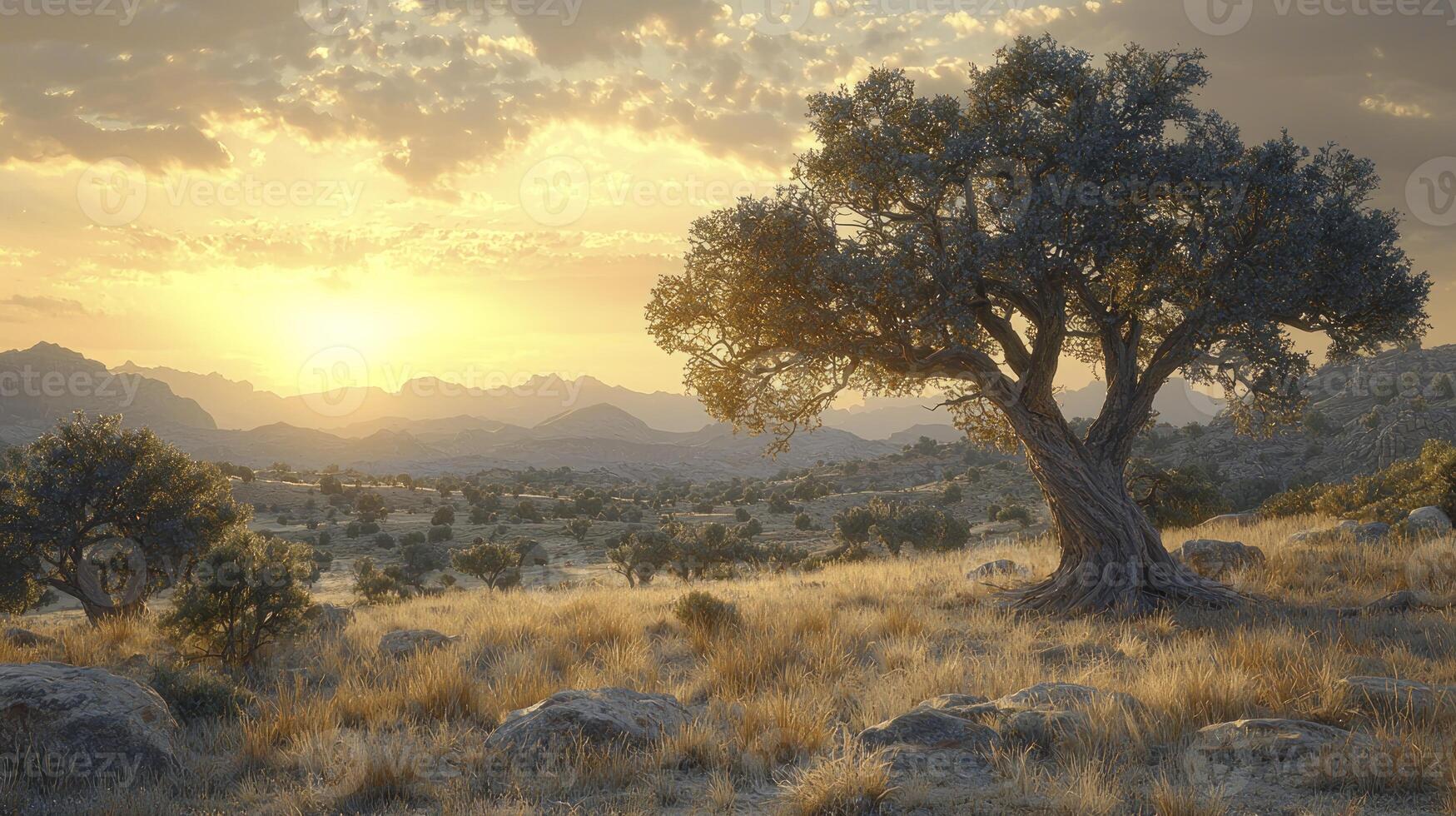 A tree stands in the middle of a field at sunset photo