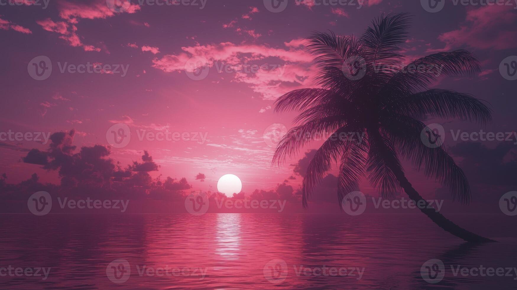 Palm tree in the ocean with pink sunset photo