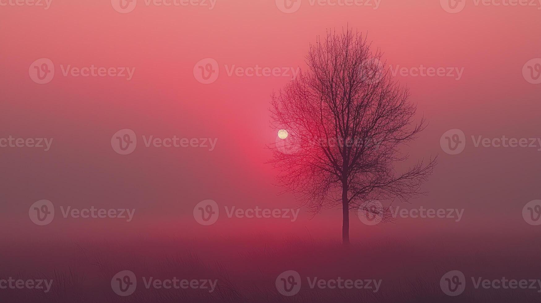 A lone tree in the fog with the sun setting behind it photo