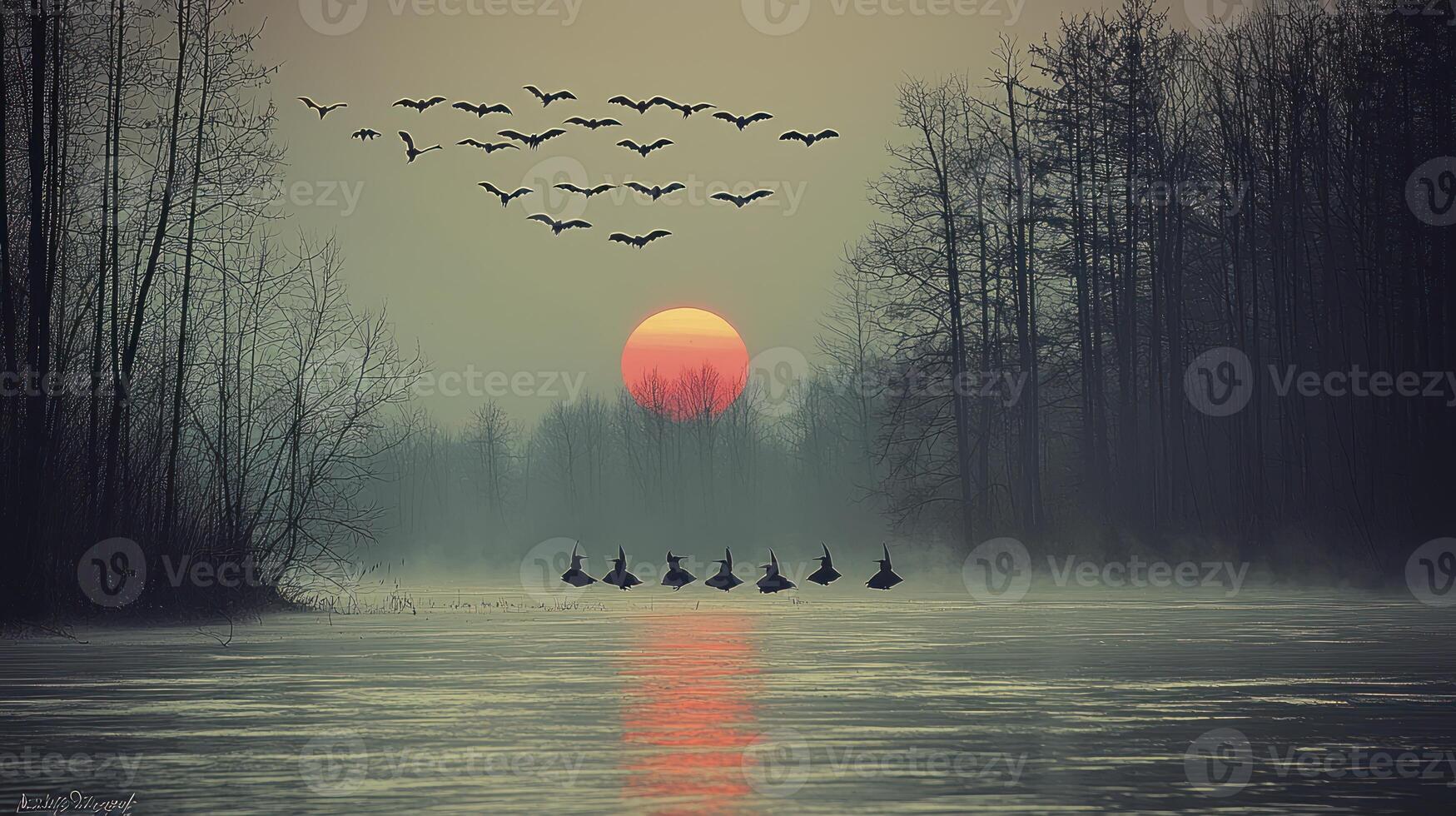 A flock of geese flying over a lake at sunset photo