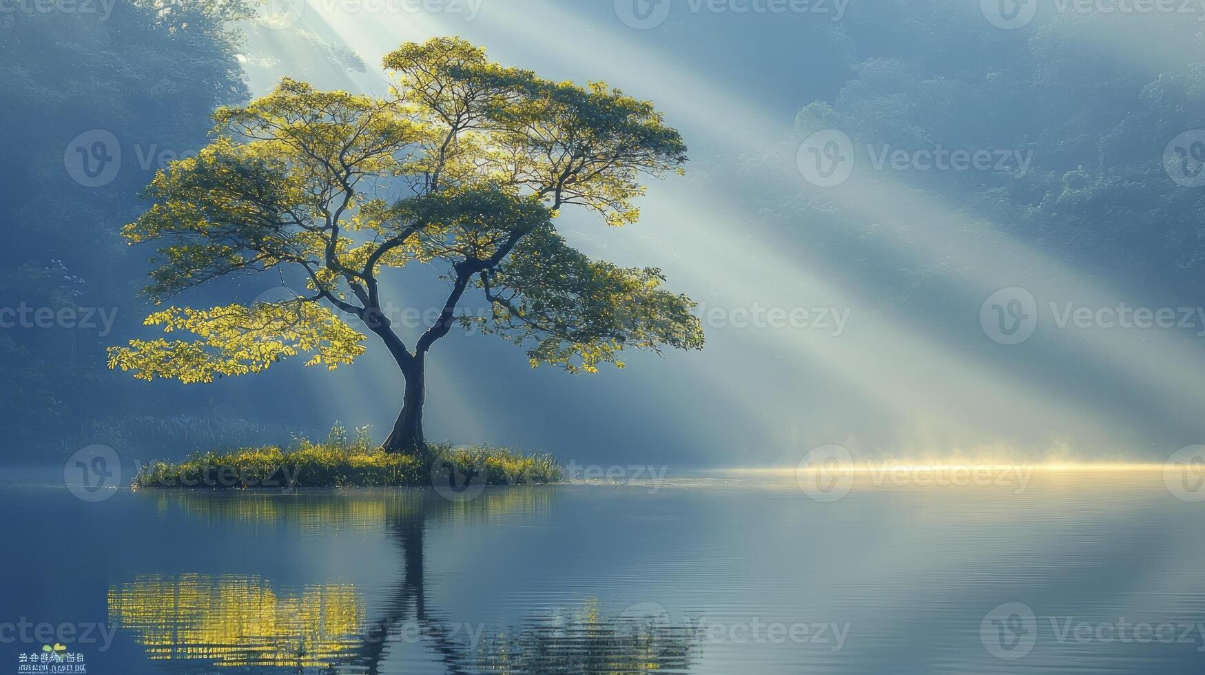 A lone tree stands on an island in the middle of a lake photo