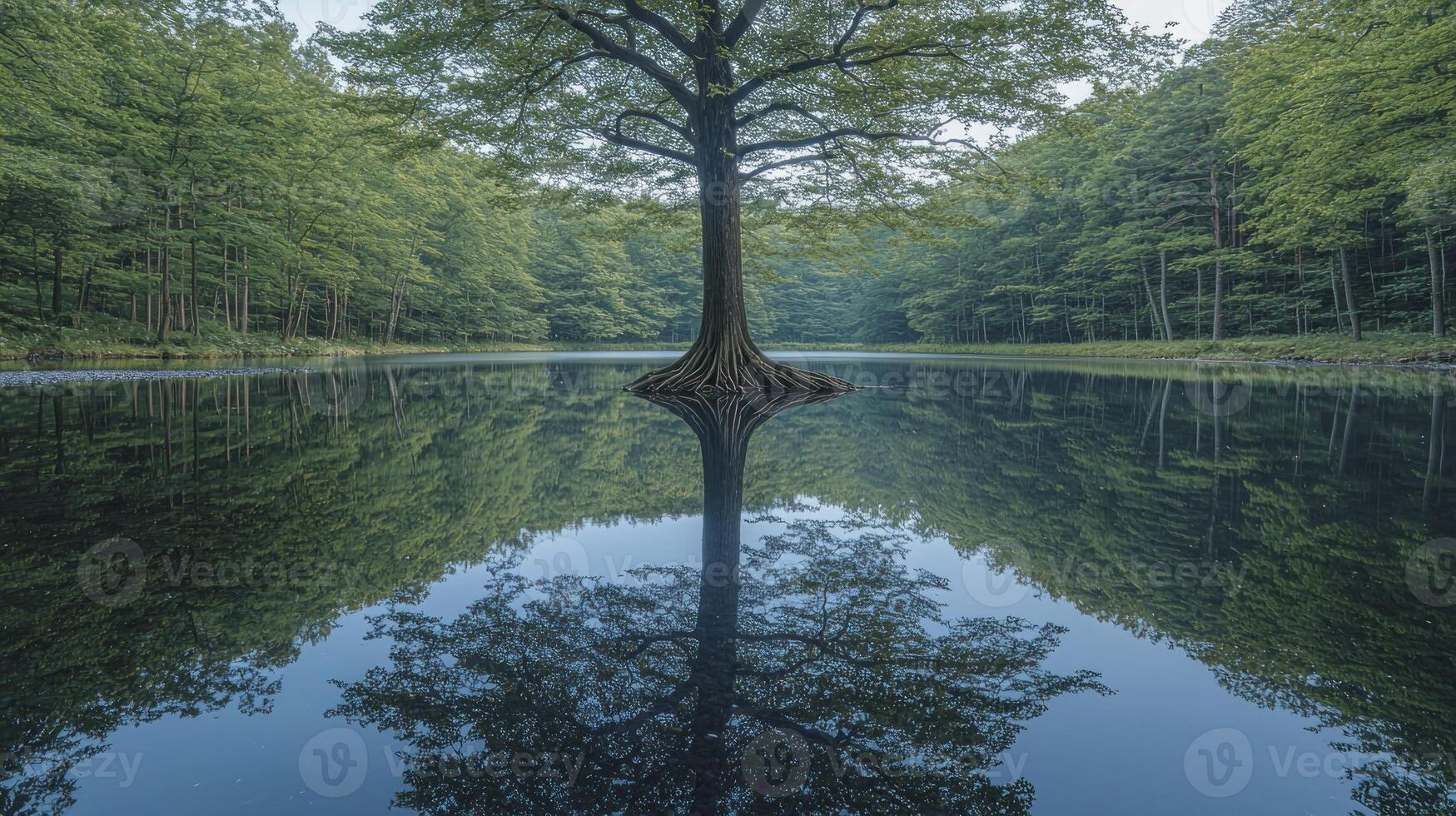 A tree is reflected in a lake photo