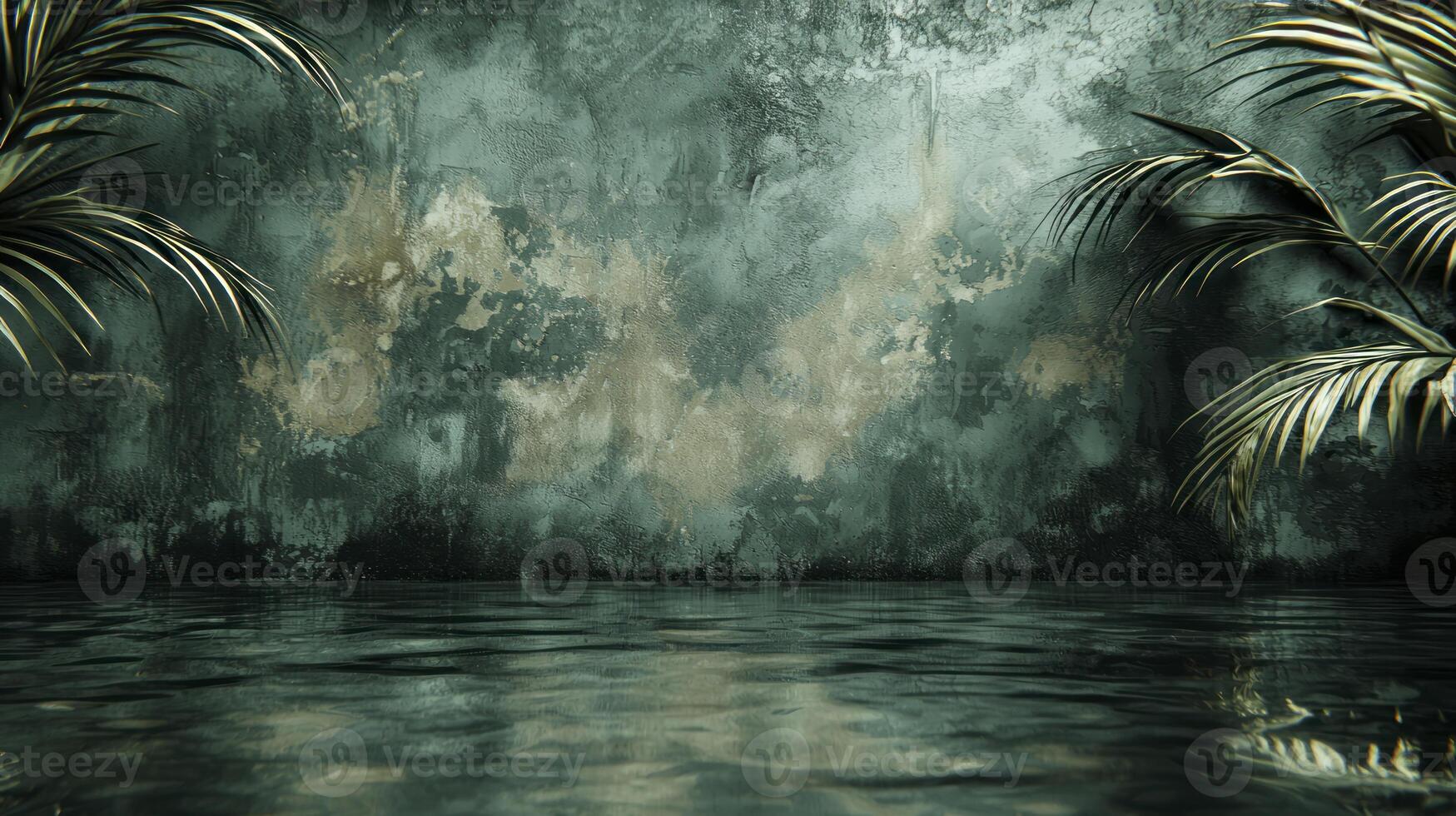 An old wall with palm trees and water photo