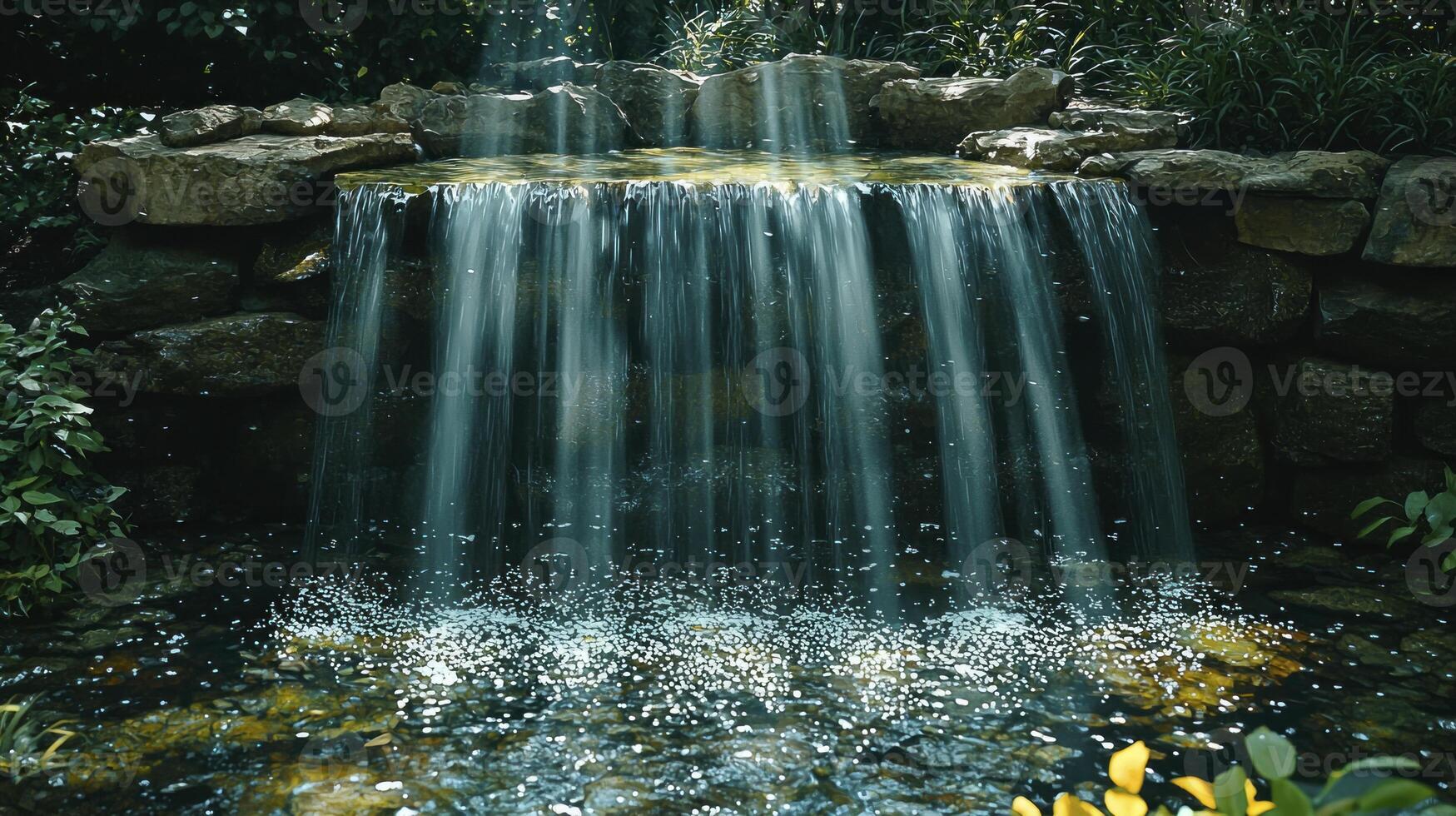 A waterfall is flowing down a stream photo