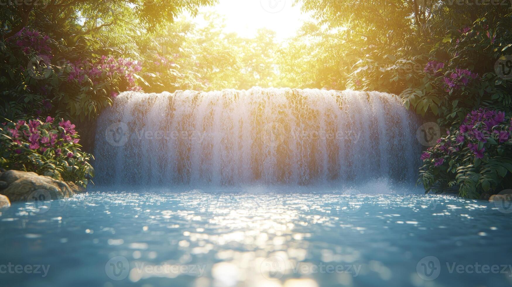 Waterfall in tropical forest with sun shining through photo
