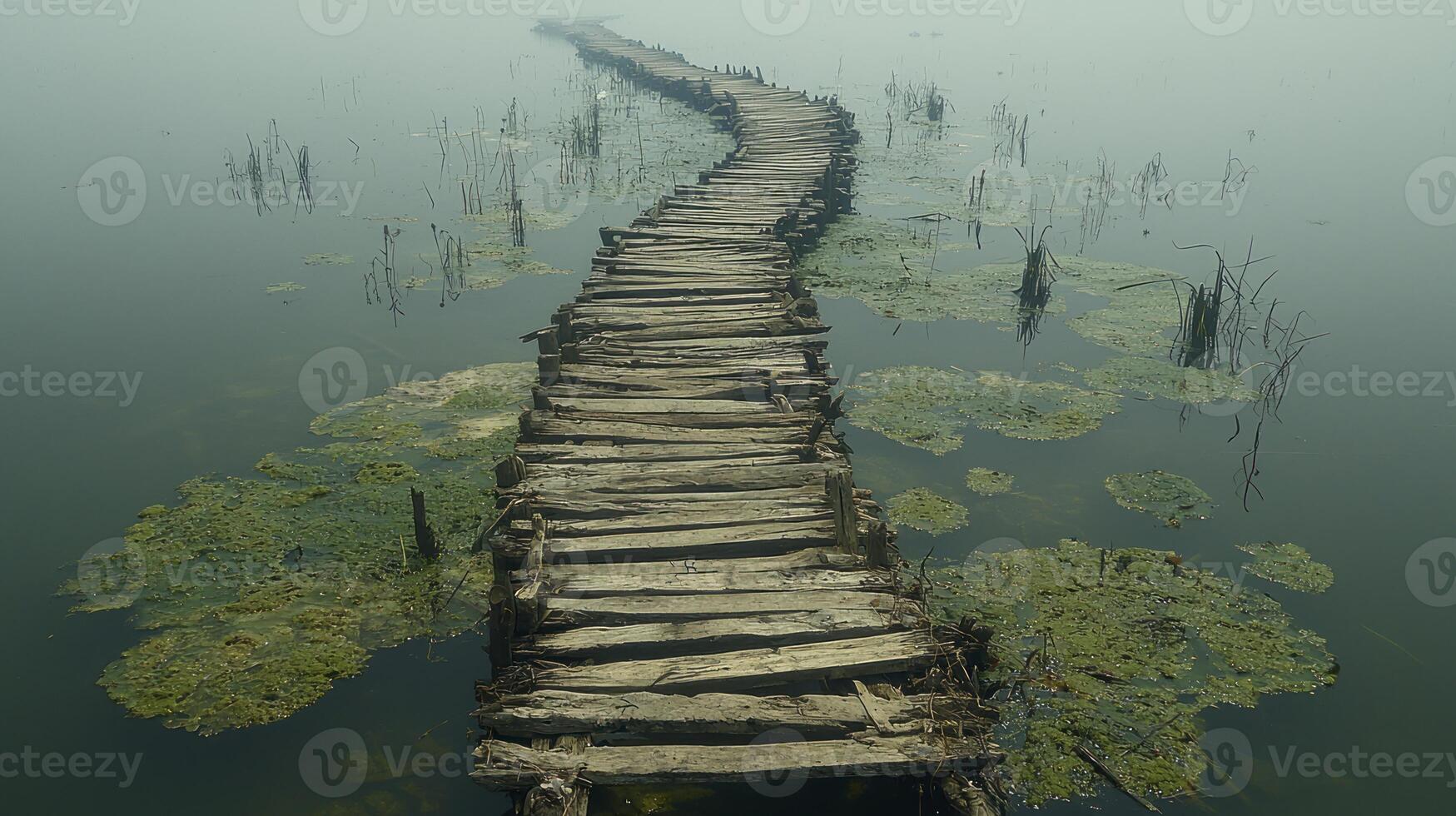 A wooden bridge over a body of water photo