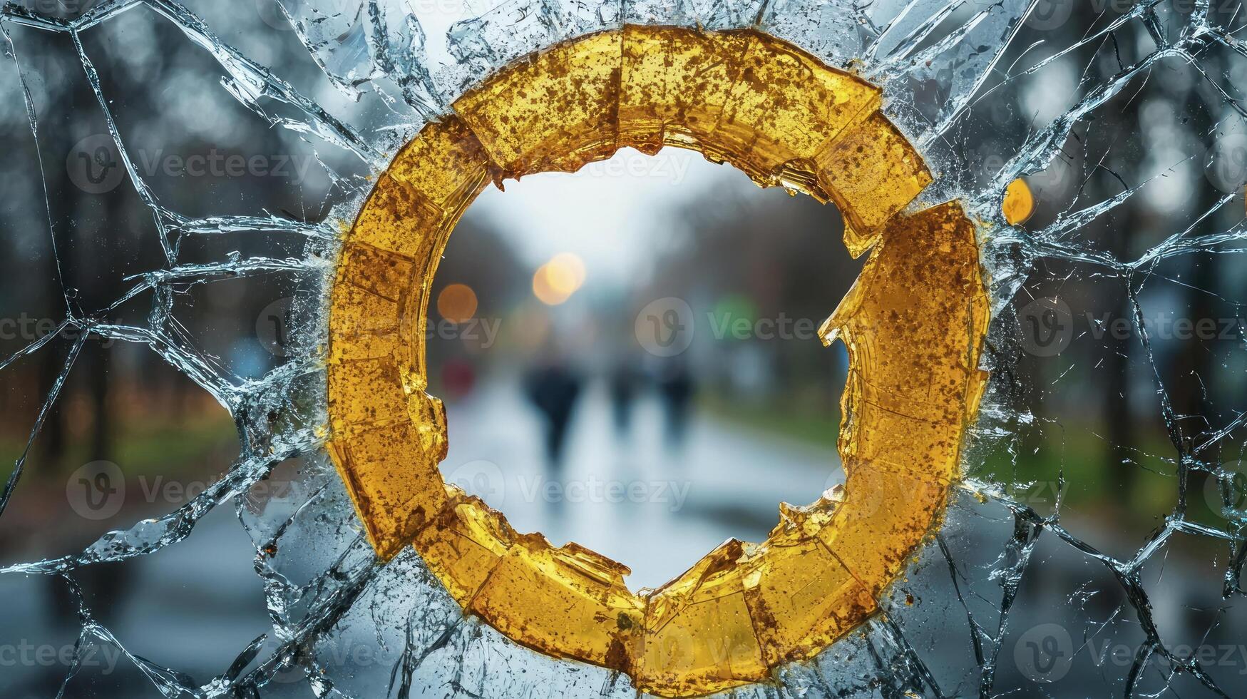 A broken glass with a golden ring in it photo