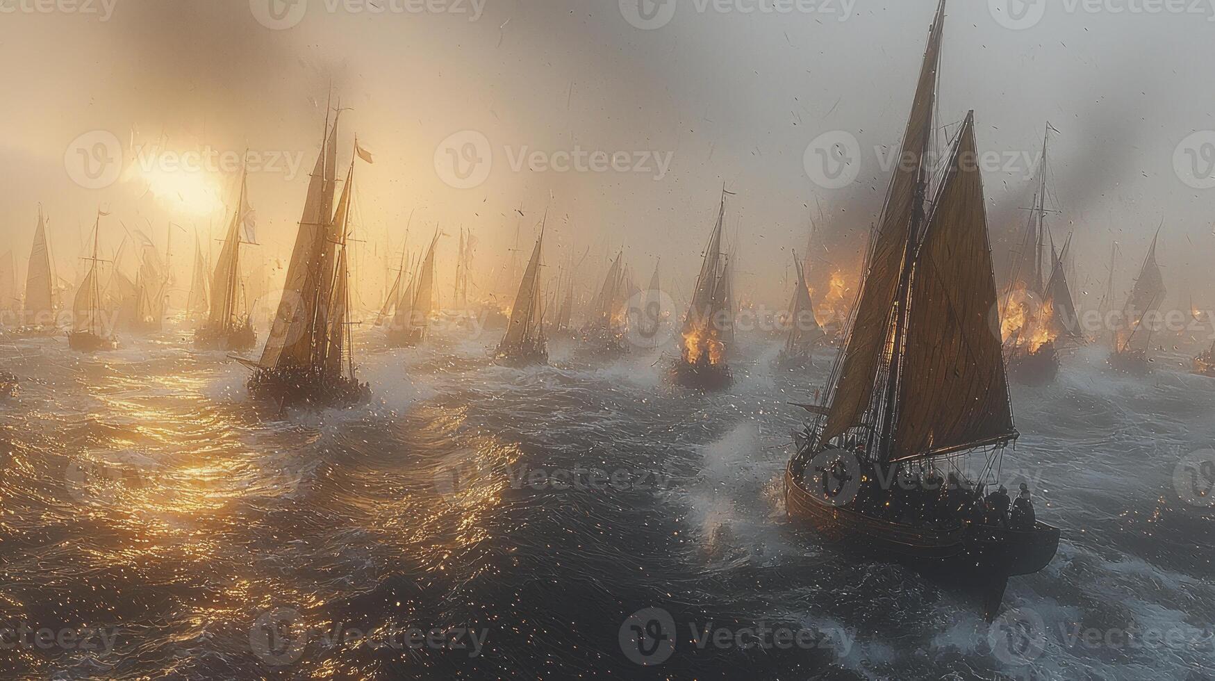 A group of sailboats in the ocean with fire coming out of them photo