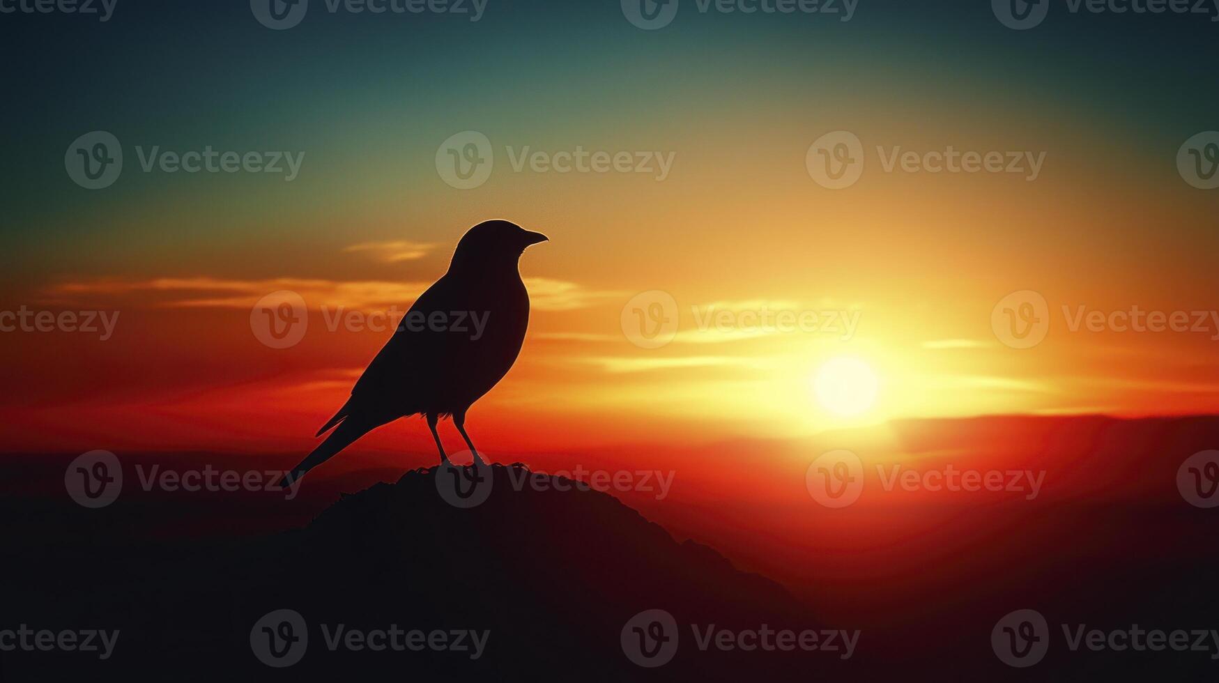 A bird is standing on a rock at sunset photo