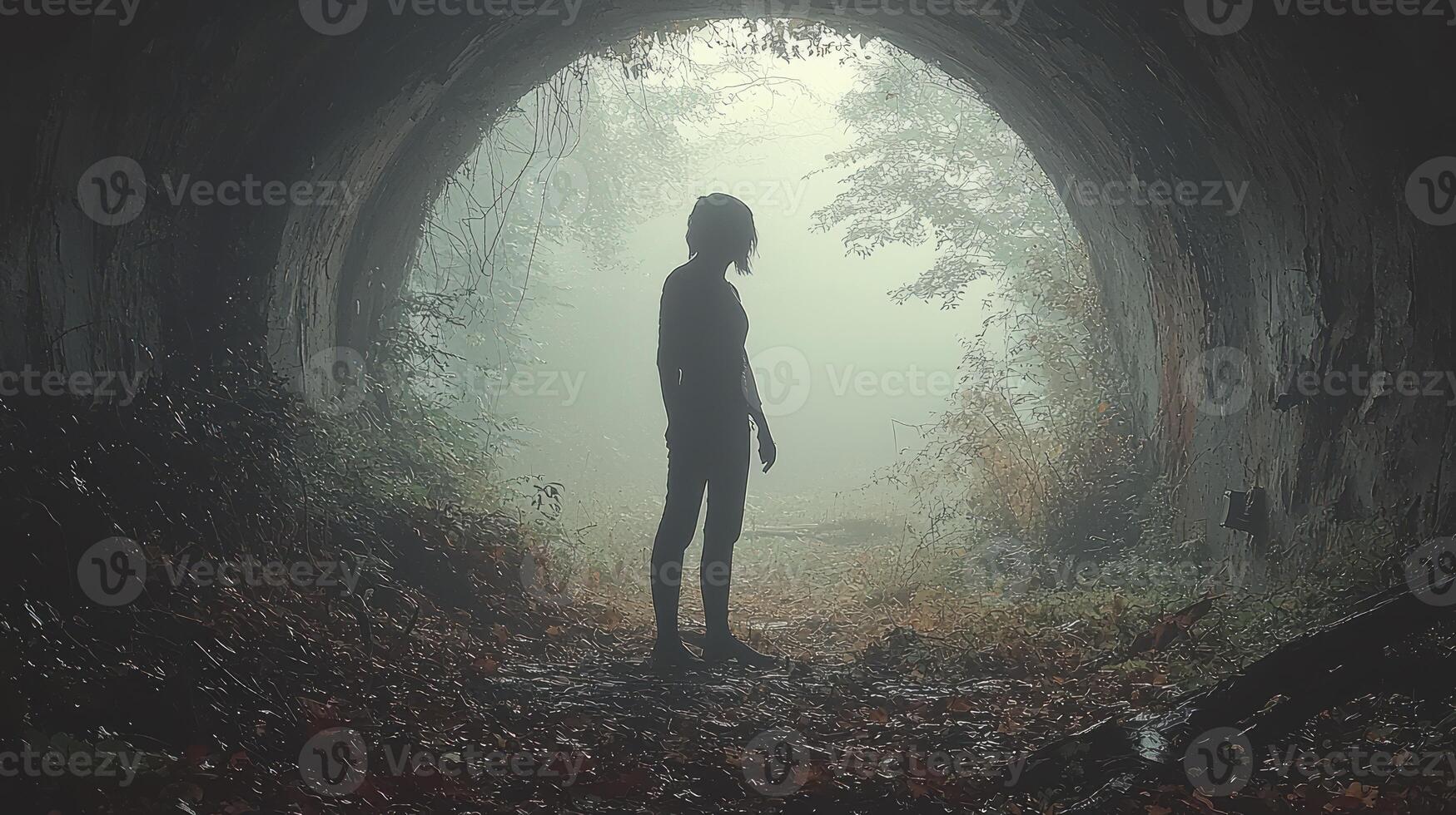 A person standing in a tunnel in the fog photo