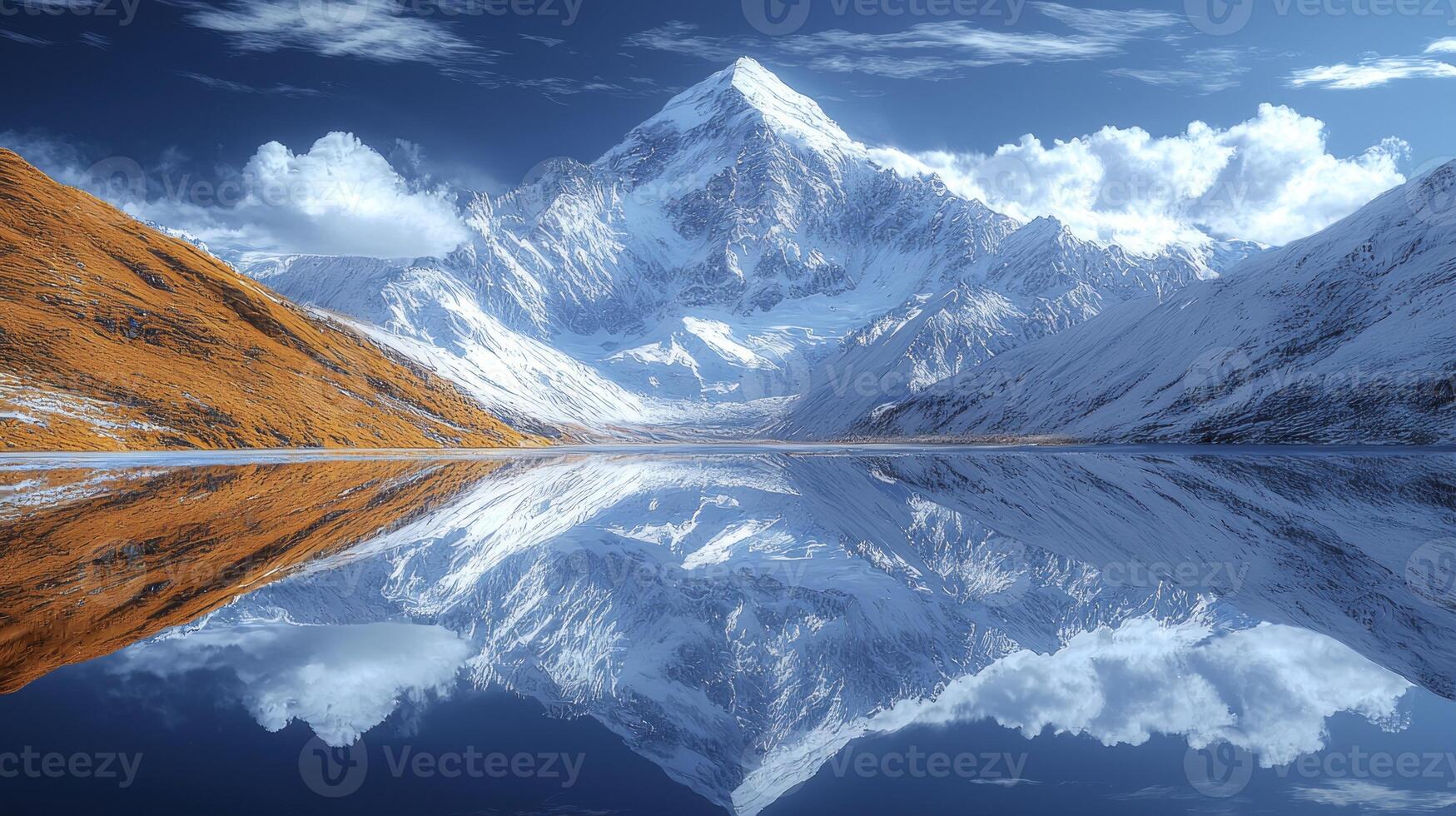 A mountain is reflected in a lake photo