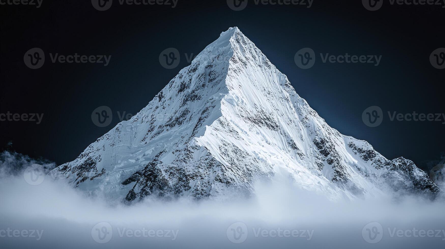 A mountain is covered in snow and fog photo