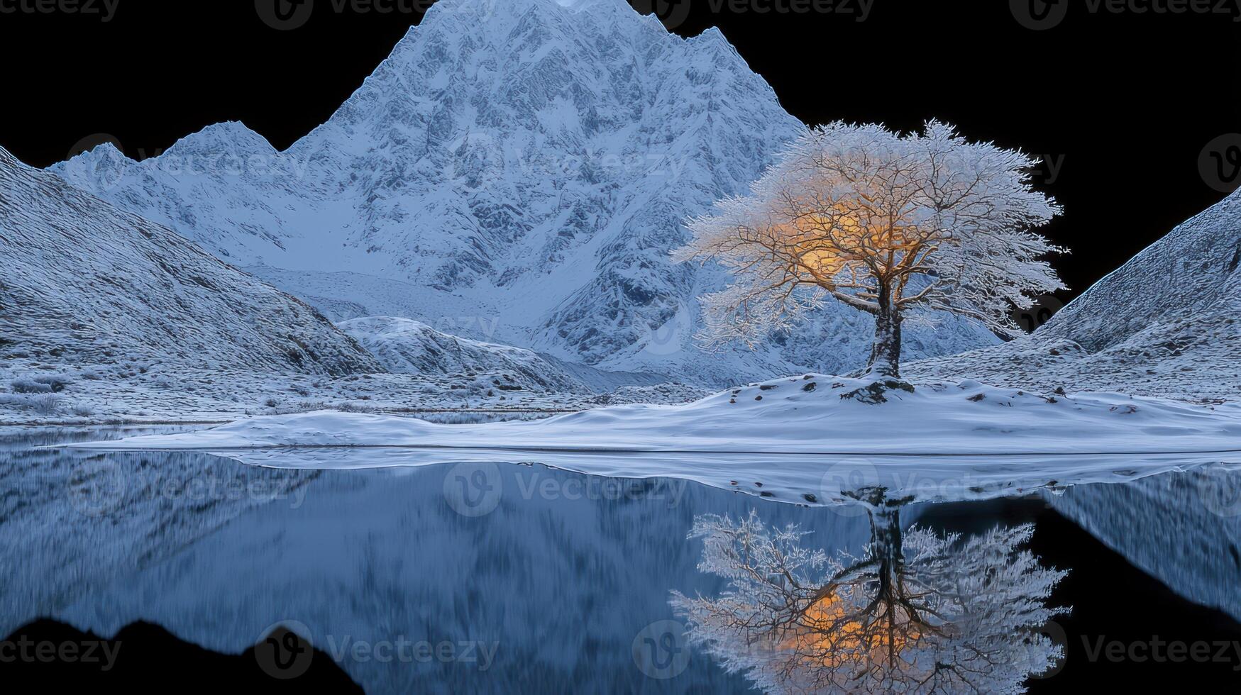 A tree in the snow with a mountain in the background photo