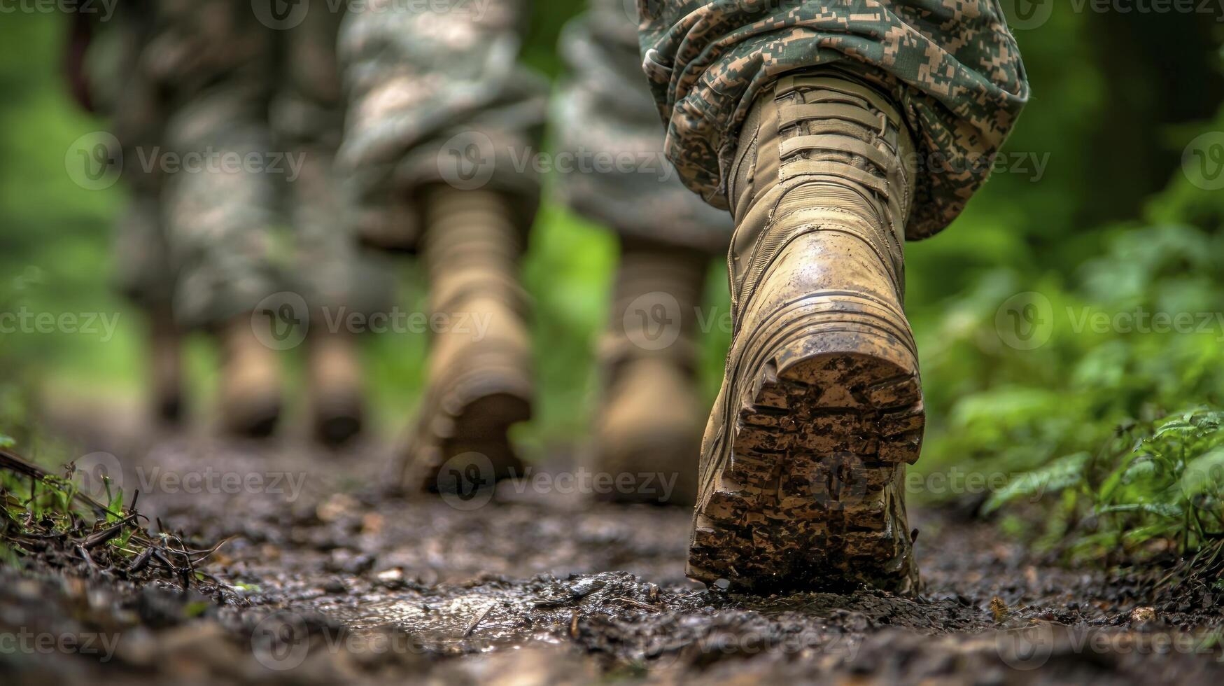 Military boots walking on a muddy trail photo