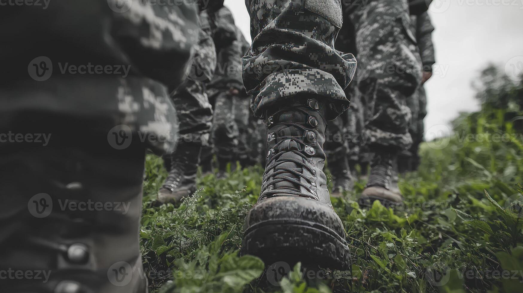 Military boots standing in the grass photo