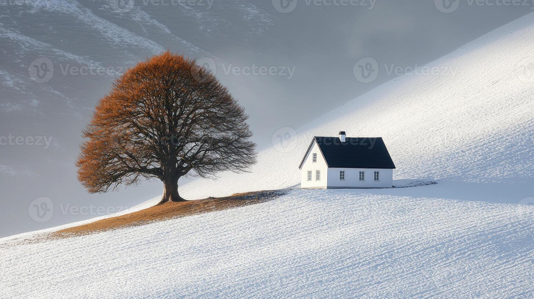 A lone tree sits on top of a snowy hill photo