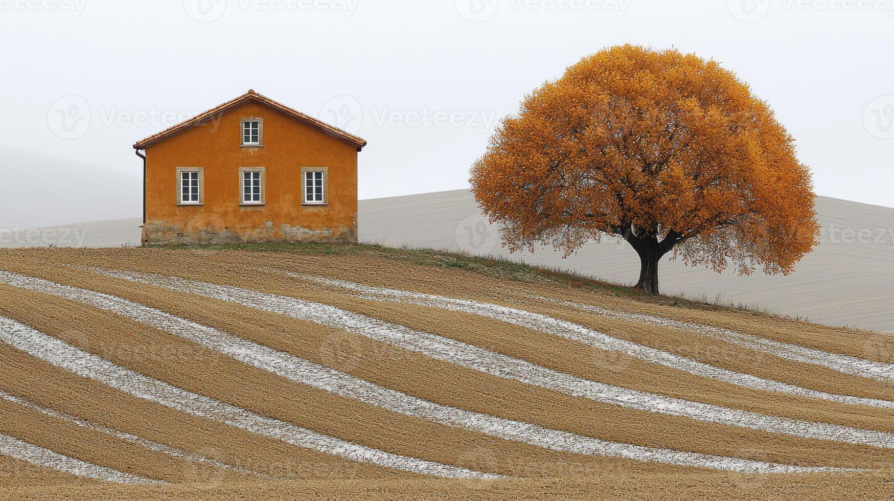 A tree and a house on a hill photo