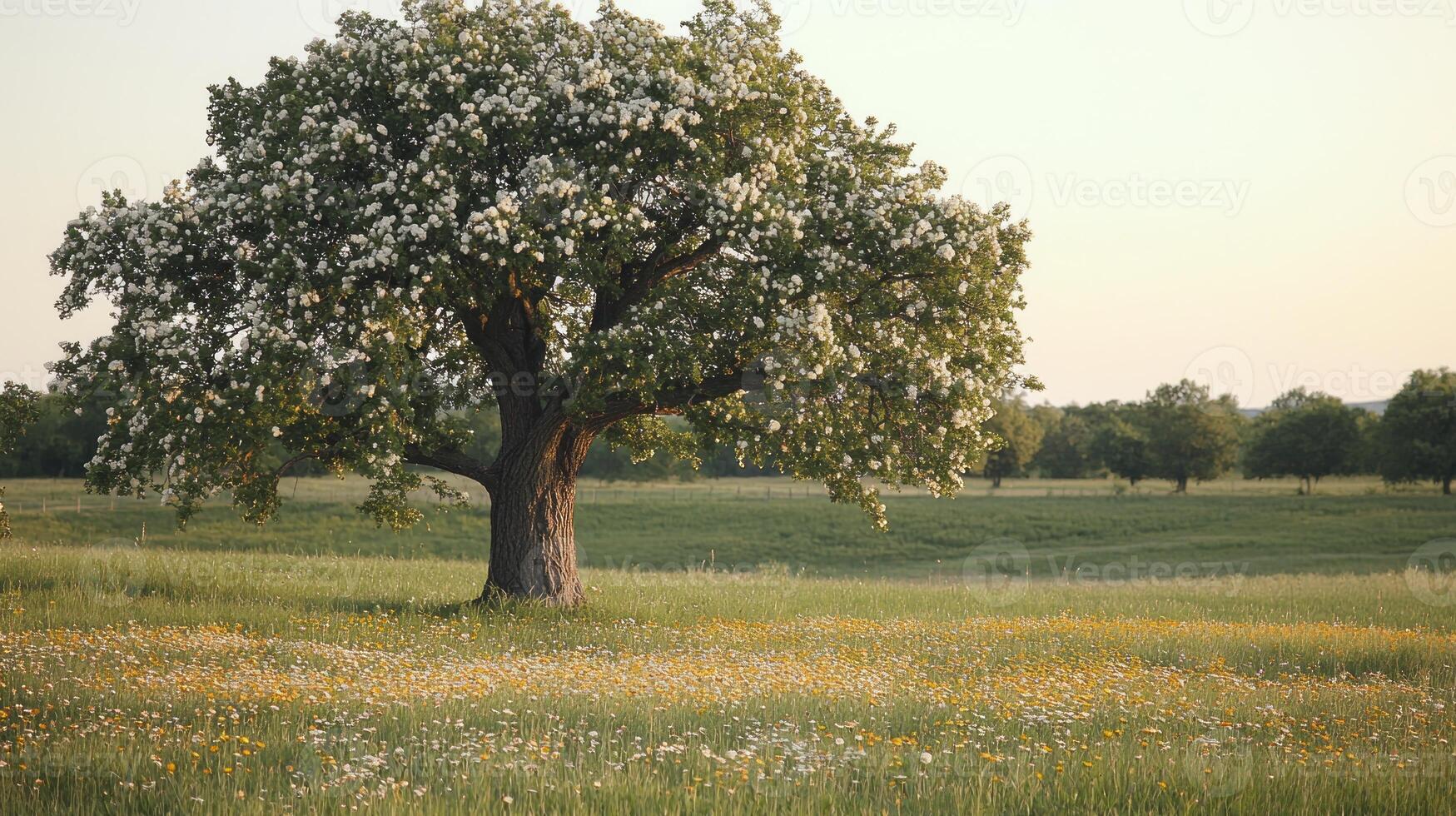 A tree in a field with flowers and grass photo