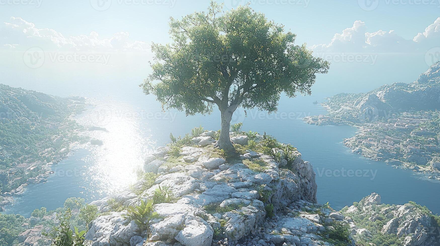 A tree on top of a cliff overlooking the ocean photo