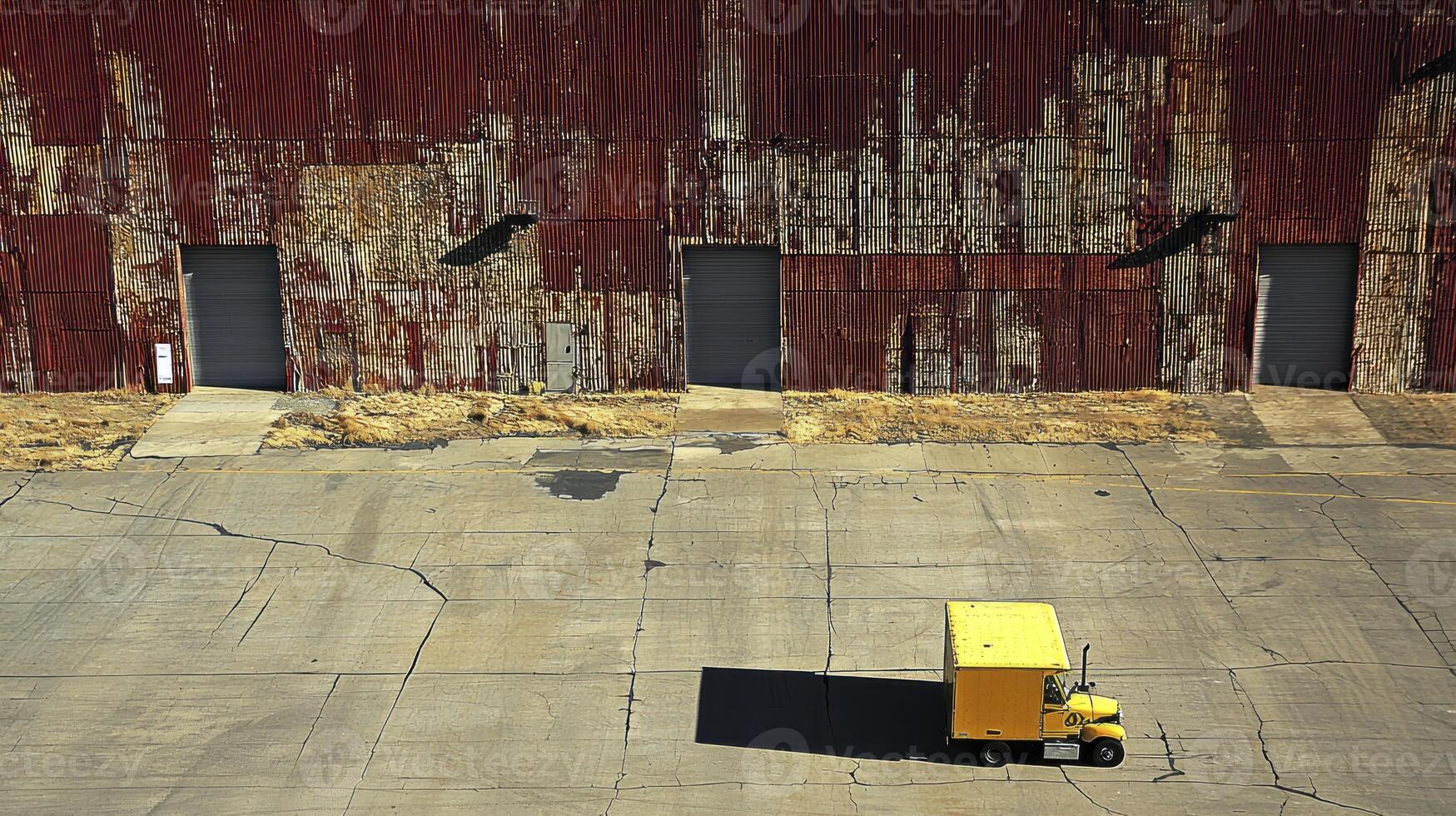 A yellow truck is parked in front of a building photo