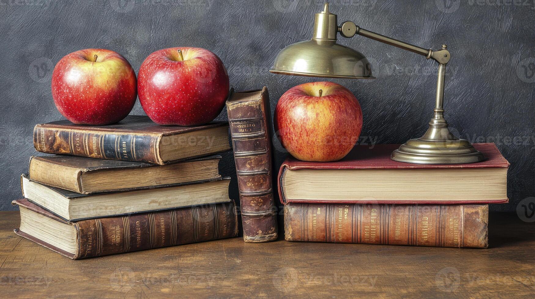 Two apples sit on top of books and a lamp photo