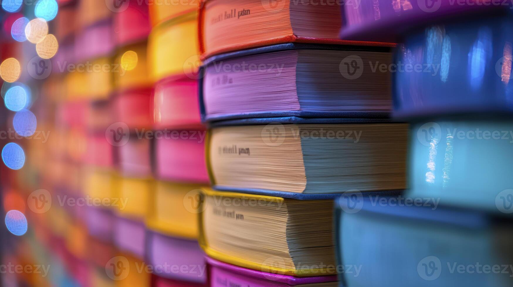 A row of colorful books stacked up against a wall photo