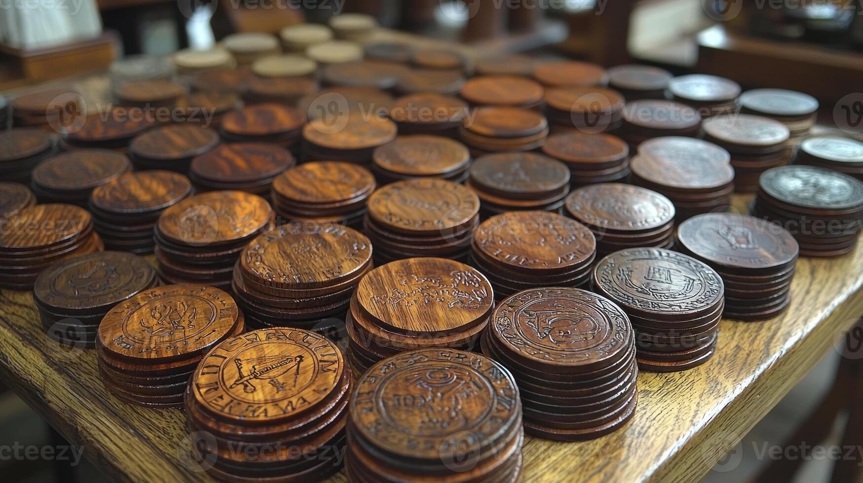 A table full of wooden coins photo