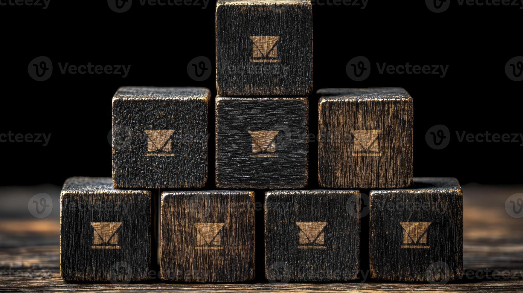 A stack of wooden dice with a black background photo