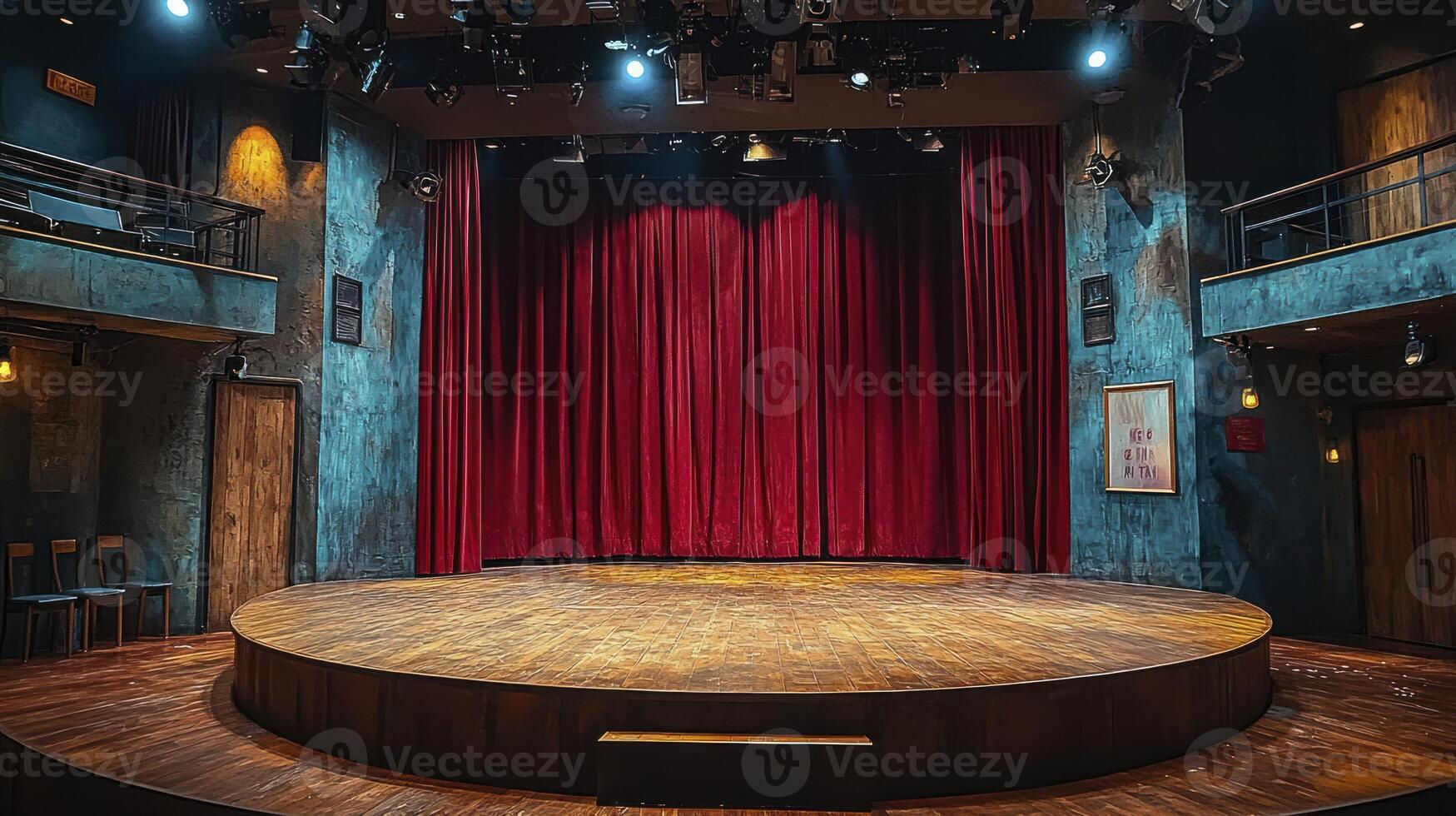 A theatre with a red curtain and wooden floor photo