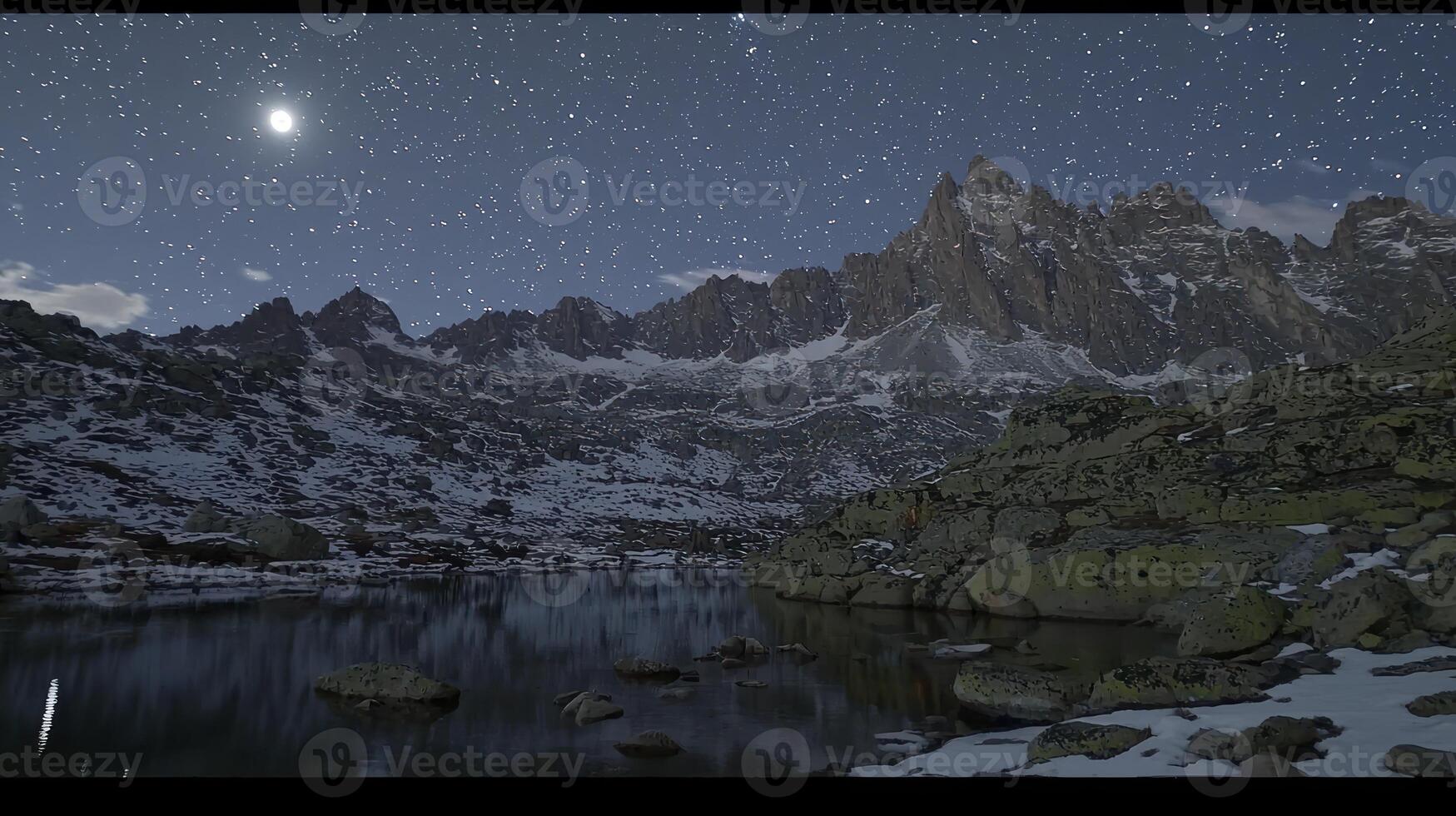 A mountain range is reflected in a lake under a starry sky photo