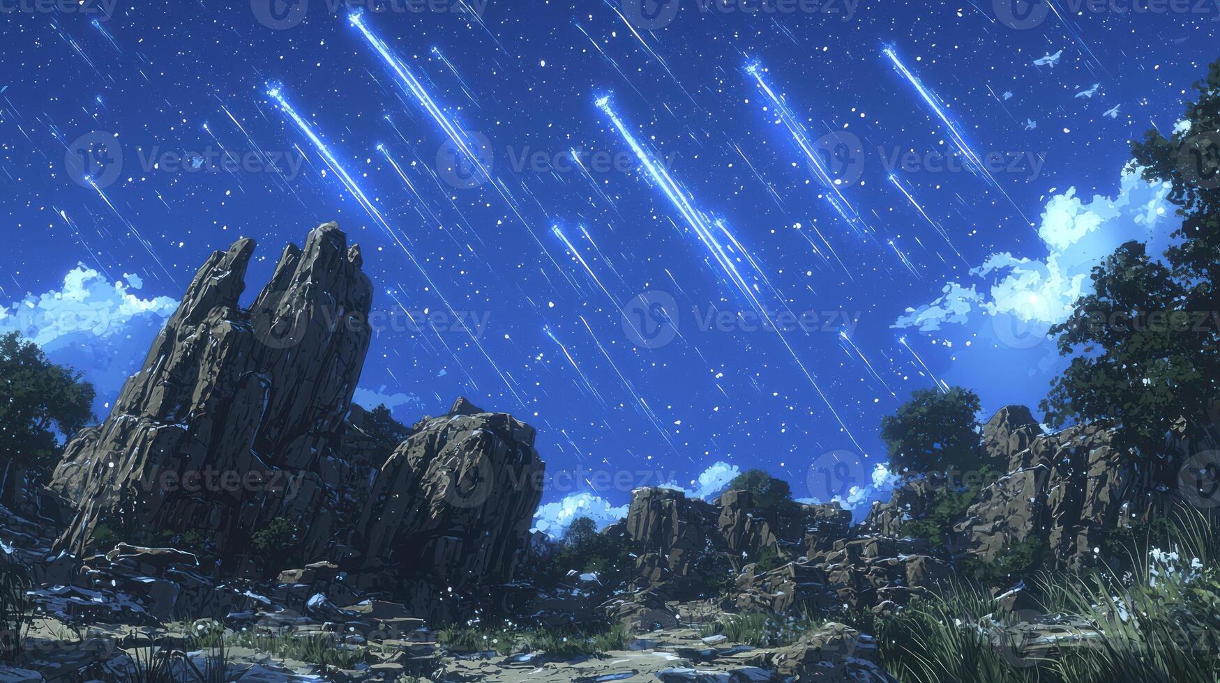 A scene of a rocky landscape with a few meteors photo
