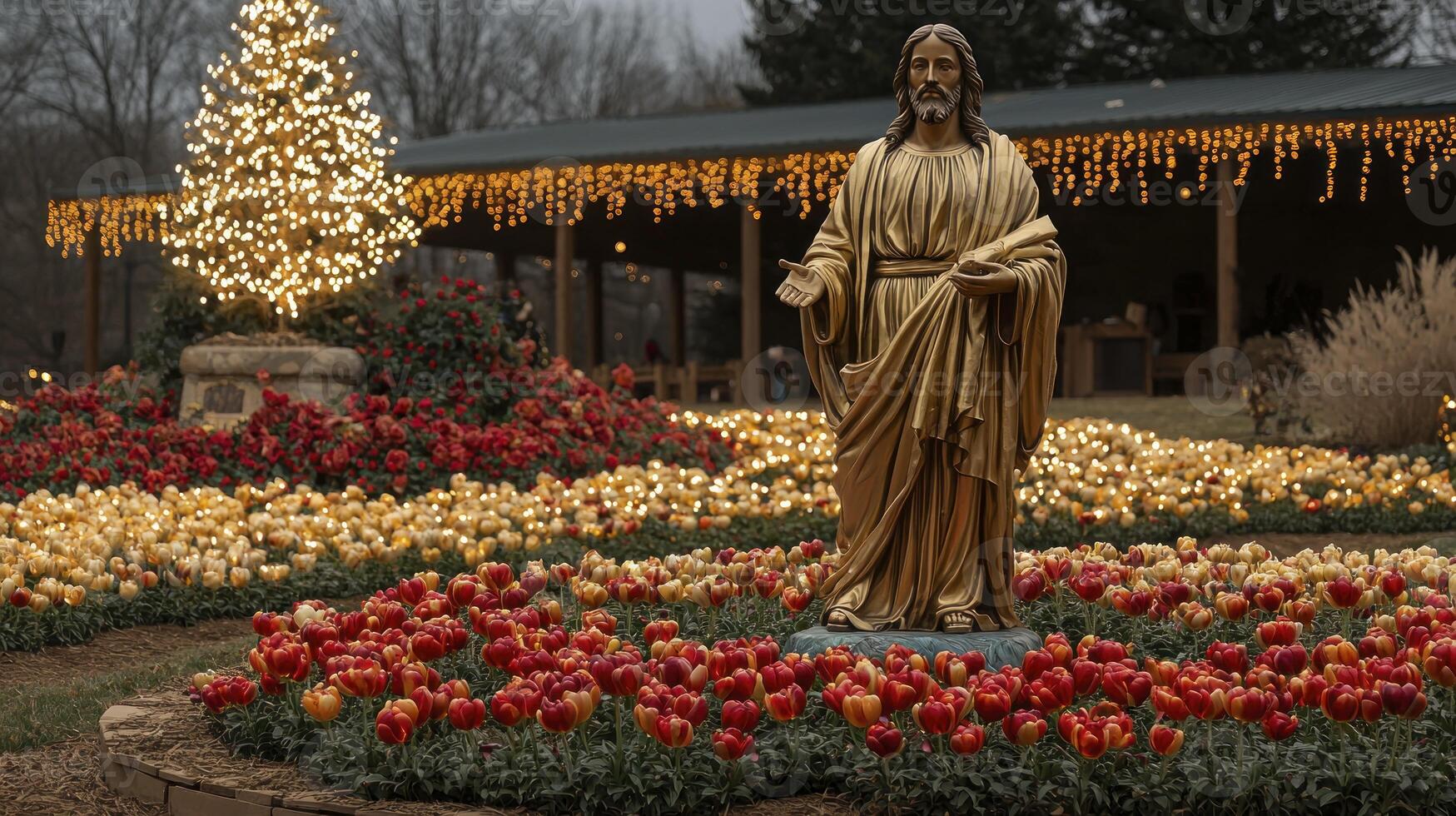 A statue of jesus stands in front of a garden with tulips photo
